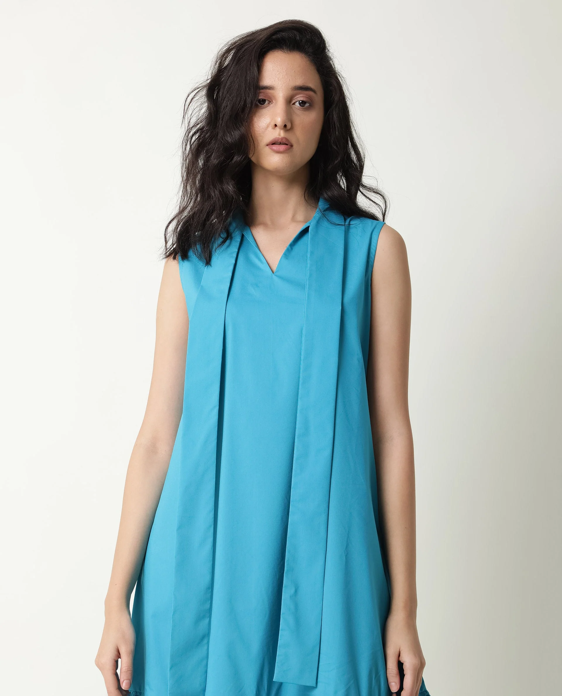 Rareism Women's Gino Blue Polyester Blend Tie-Up Neck Plain Sleeveless Knee Length Regular Fit Dress - Image 11