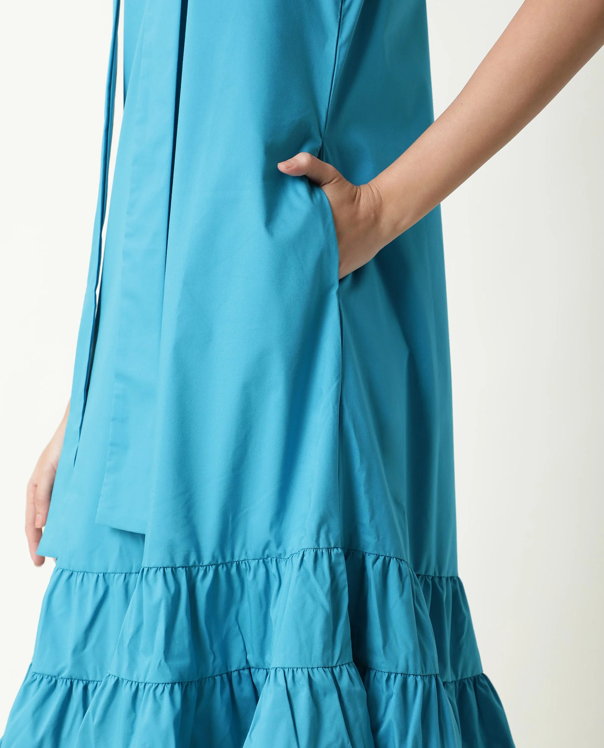 Rareism Women's Gino Blue Polyester Blend Tie-Up Neck Plain Sleeveless Knee Length Regular Fit Dress - Image 2