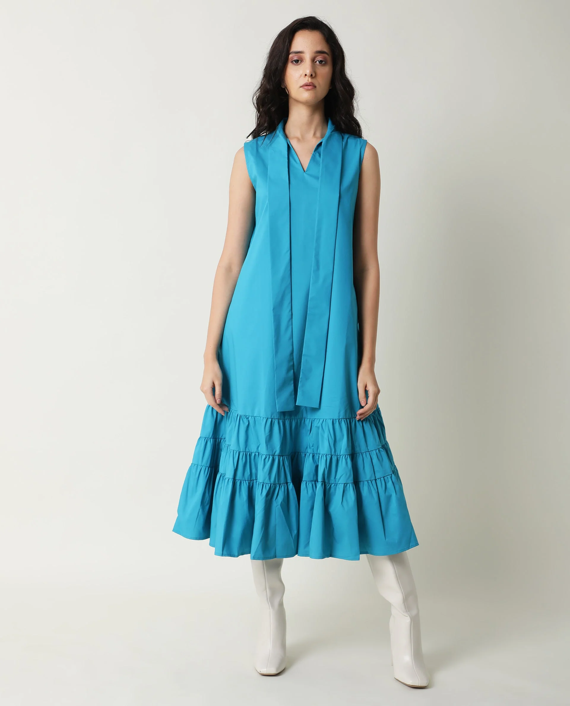 Rareism Women's Gino Blue Polyester Blend Tie-Up Neck Plain Sleeveless Knee Length Regular Fit Dress - Image 3