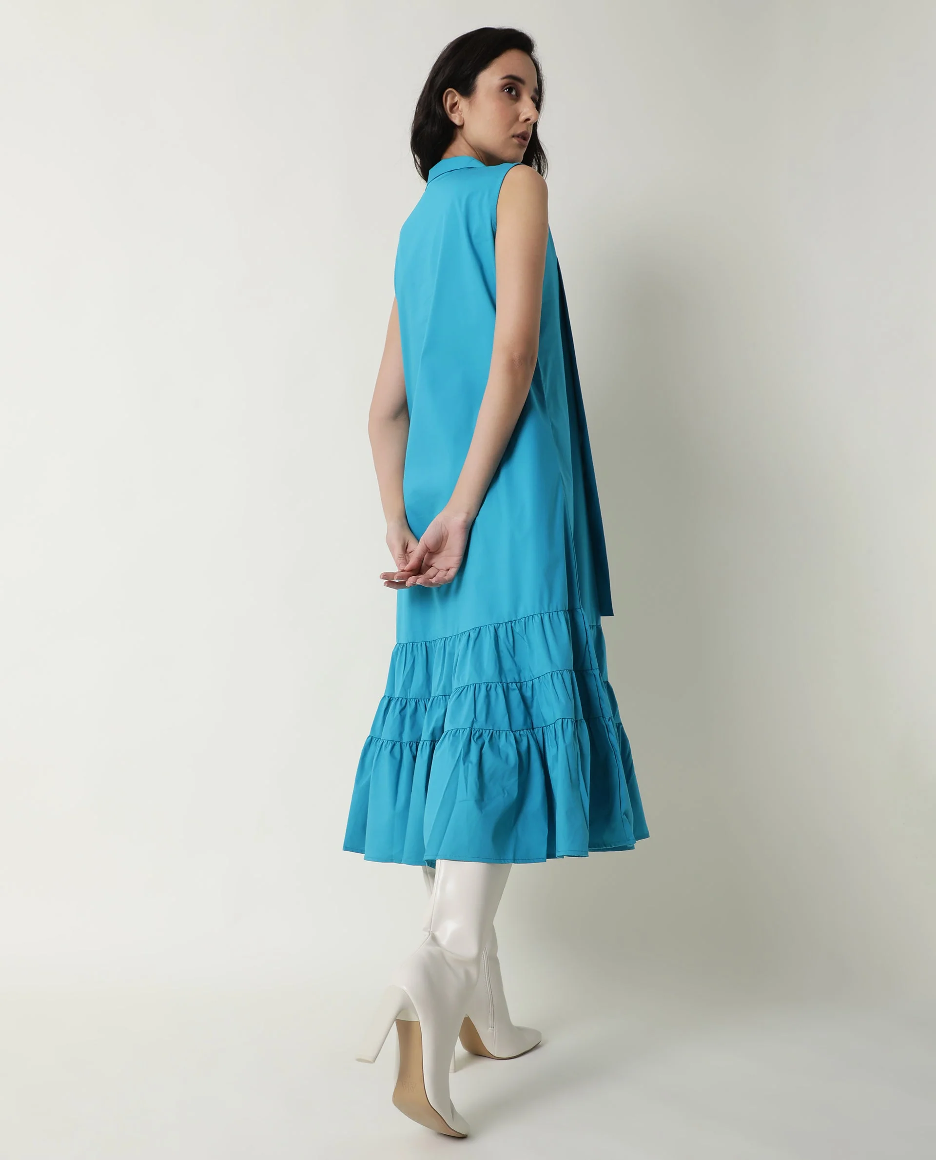 Rareism Women's Gino Blue Polyester Blend Tie-Up Neck Plain Sleeveless Knee Length Regular Fit Dress - Image 4