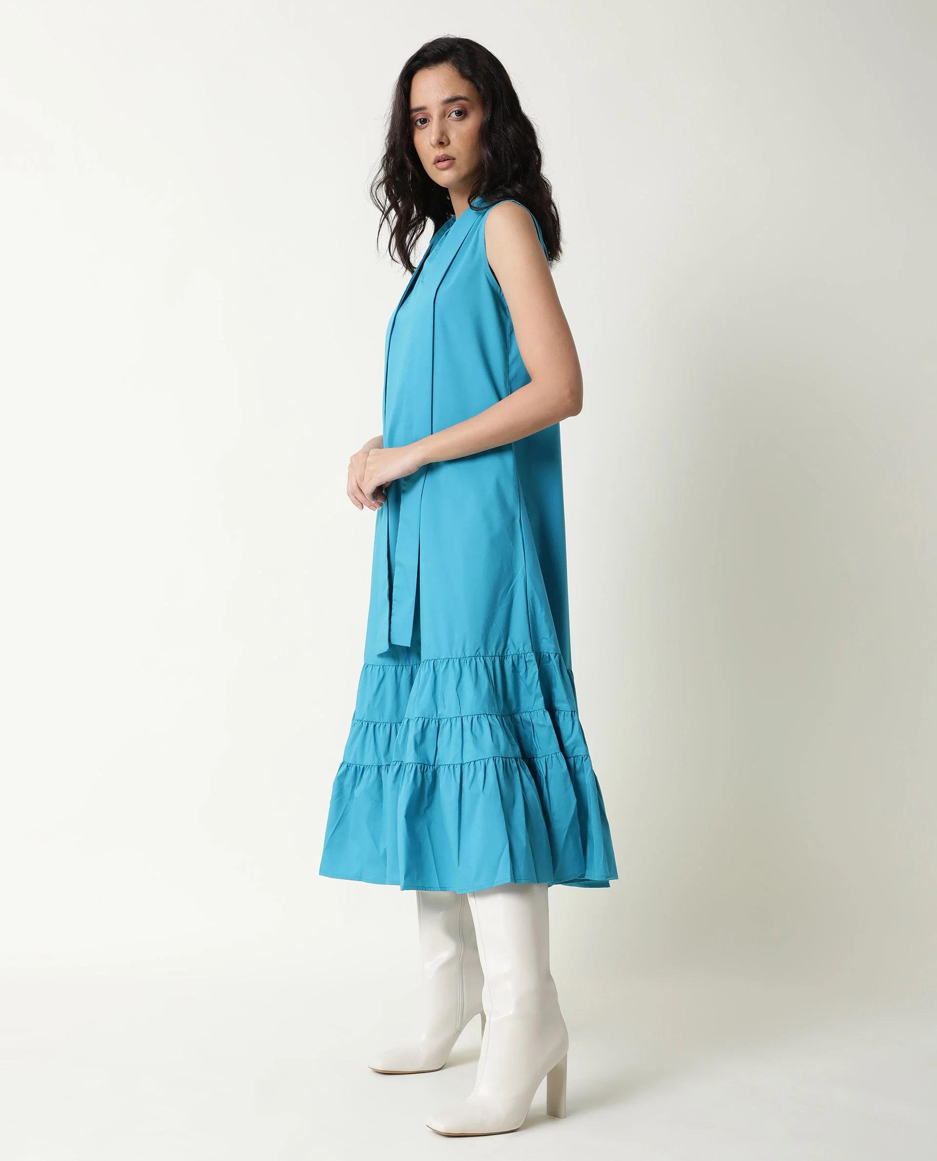 Rareism Women's Gino Blue Polyester Blend Tie-Up Neck Plain Sleeveless Knee Length Regular Fit Dress - Image 5
