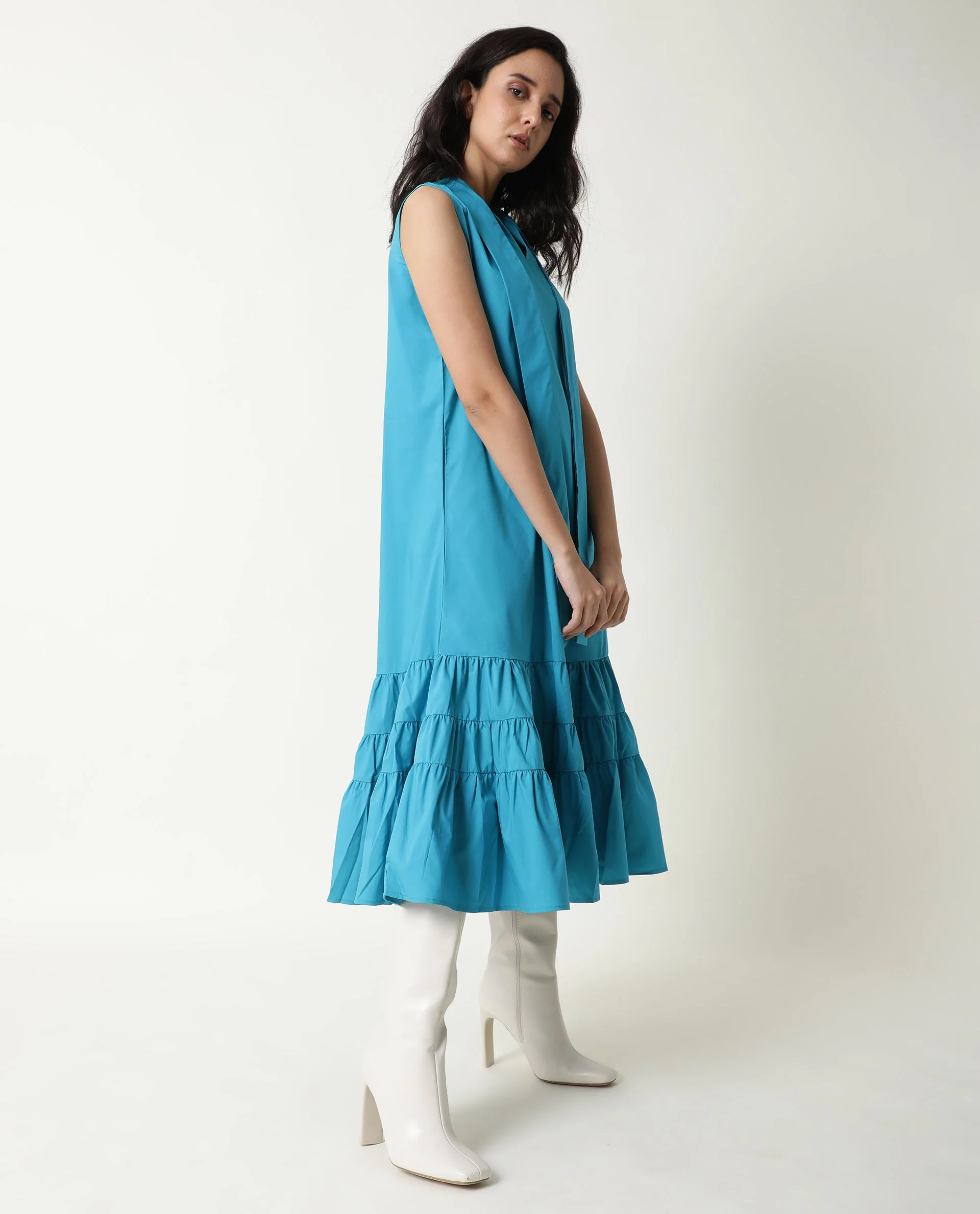 Rareism Women's Gino Blue Polyester Blend Tie-Up Neck Plain Sleeveless Knee Length Regular Fit Dress - Image 7