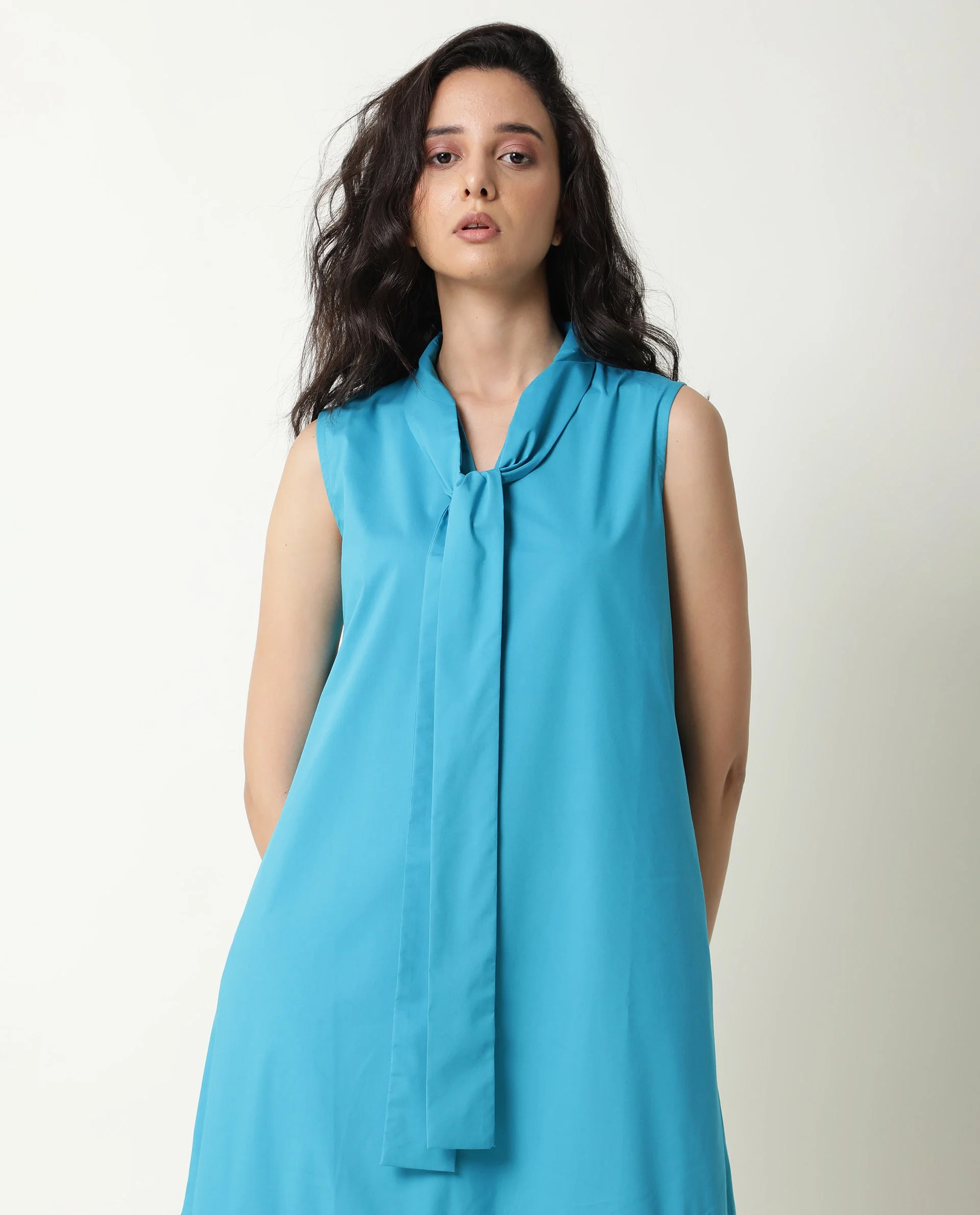 Rareism Women's Gino Blue Polyester Blend Tie-Up Neck Plain Sleeveless Knee Length Regular Fit Dress - Image 8