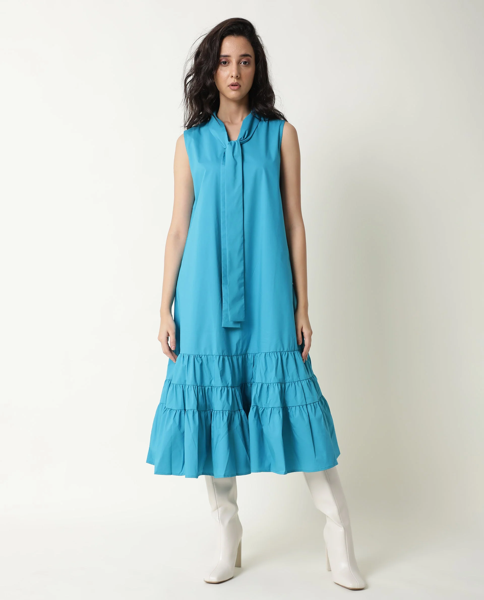 Rareism Women's Gino Blue Polyester Blend Tie-Up Neck Plain Sleeveless Knee Length Regular Fit Dress - Image 9