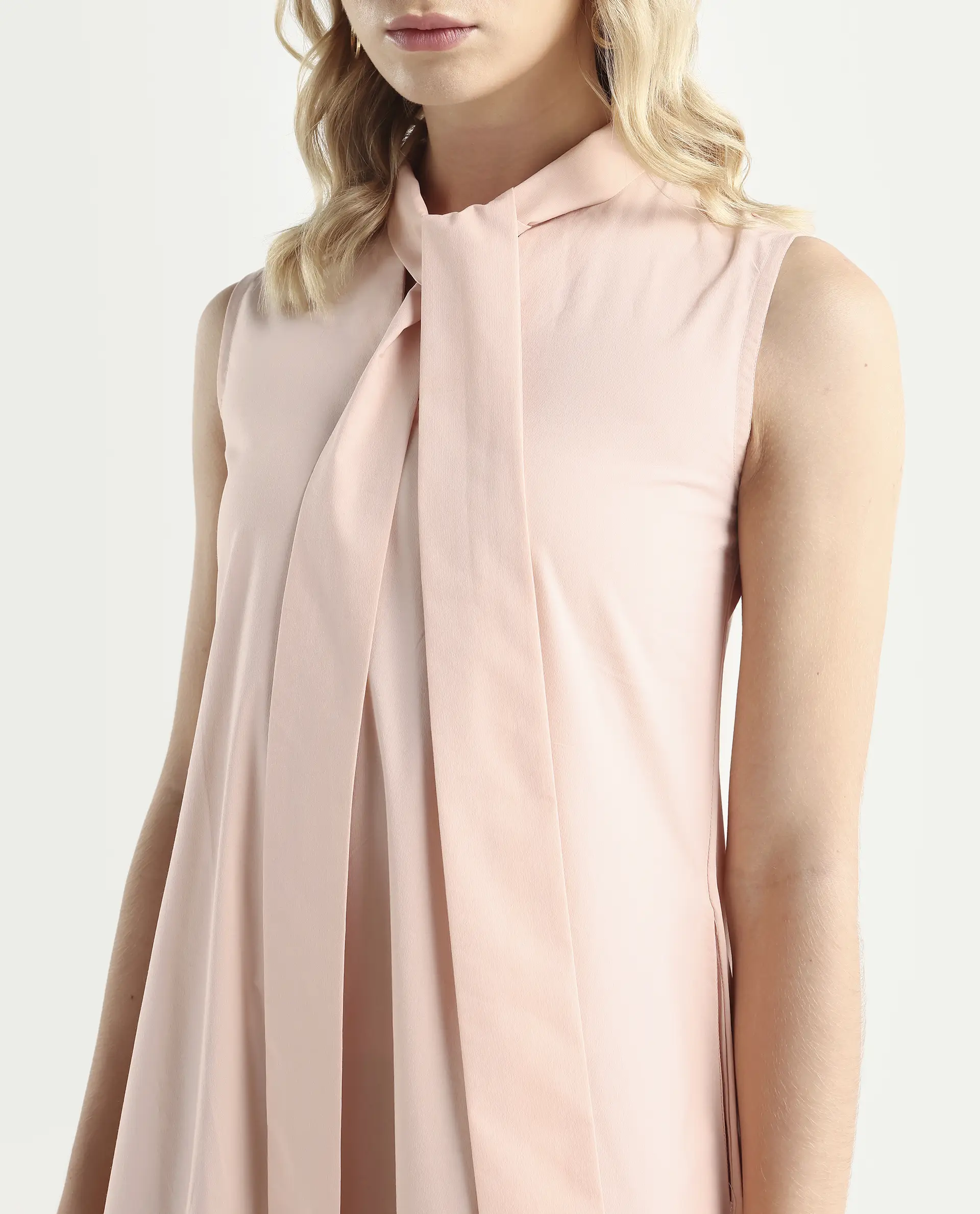 Rareism Women's Gino Peach Polyester Blend Tie-Up Neck Plain Sleeveless Knee Length Regular Fit Dress - Image 3