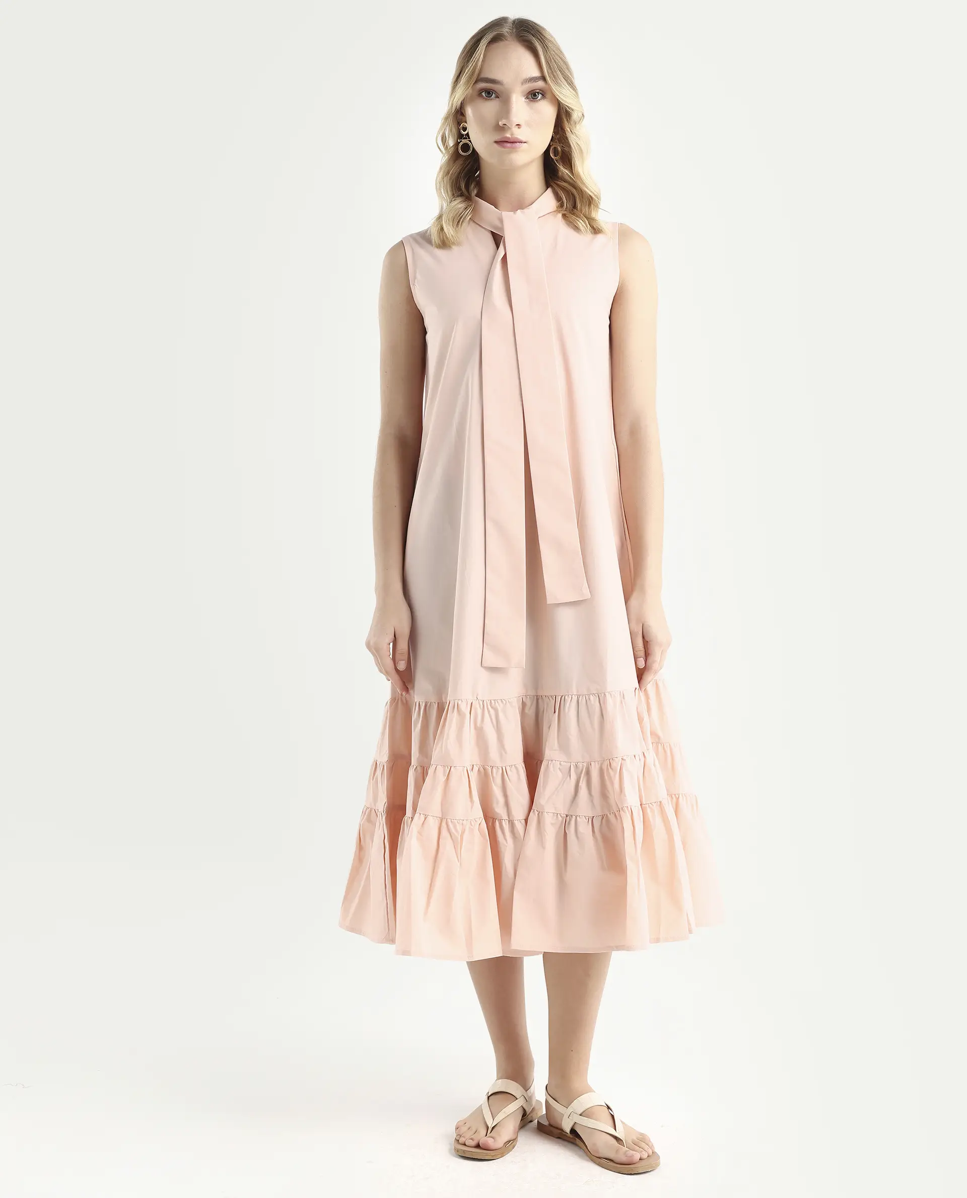 Rareism Women's Gino Peach Polyester Blend Tie-Up Neck Plain Sleeveless Knee Length Regular Fit Dress - Image 4