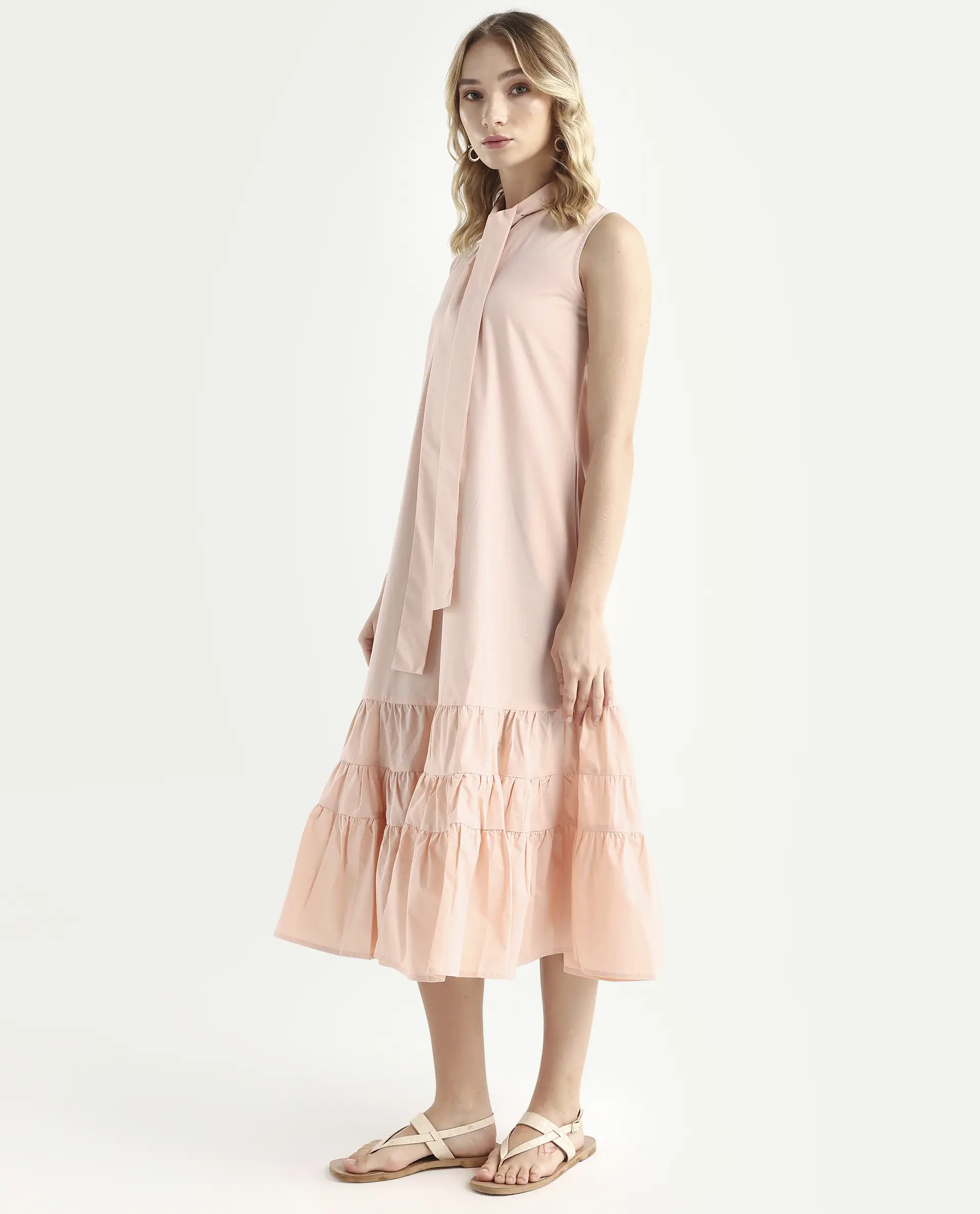 Rareism Women's Gino Peach Polyester Blend Tie-Up Neck Plain Sleeveless Knee Length Regular Fit Dress - Image 5