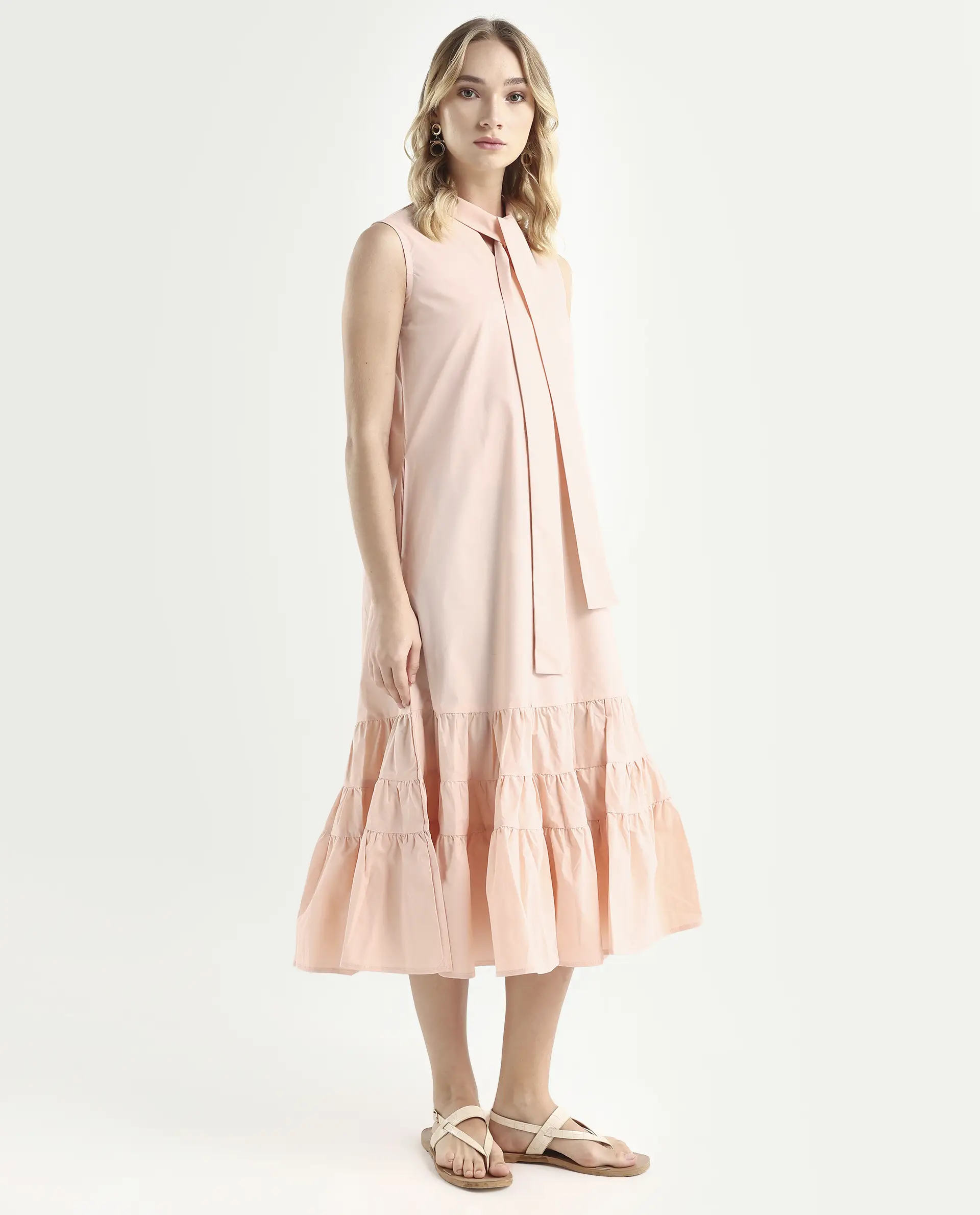 Rareism Women's Gino Peach Polyester Blend Tie-Up Neck Plain Sleeveless Knee Length Regular Fit Dress - Image 6