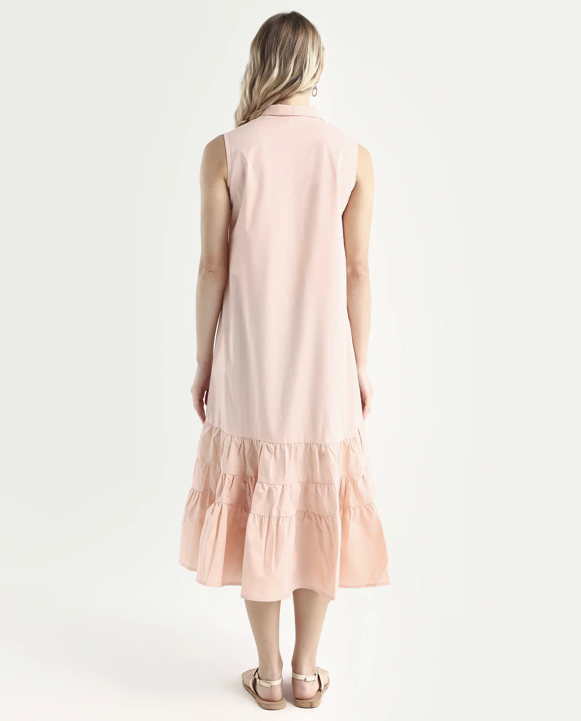 Rareism Women's Gino Peach Polyester Blend Tie-Up Neck Plain Sleeveless Knee Length Regular Fit Dress - Image 7