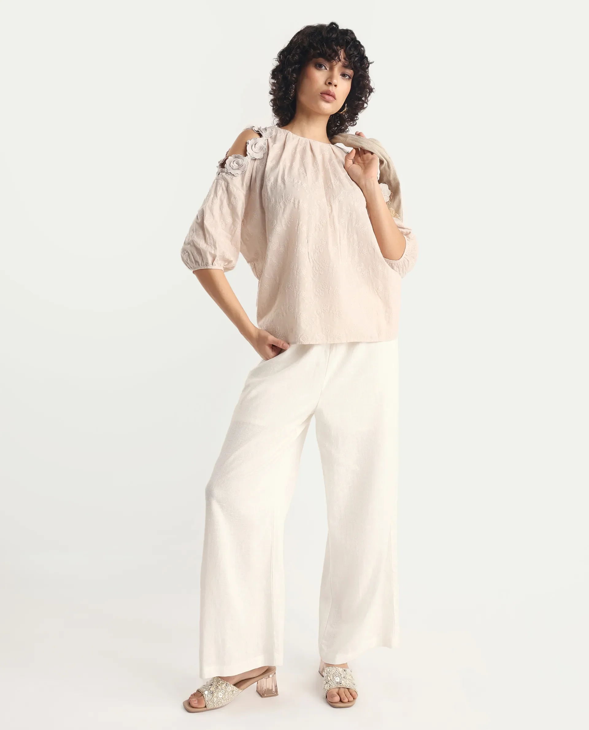 Rareism Women's Gips Beige Cotton Crew Neck Plain Balloon Sleeve Relaxed Fit Top - Image 2