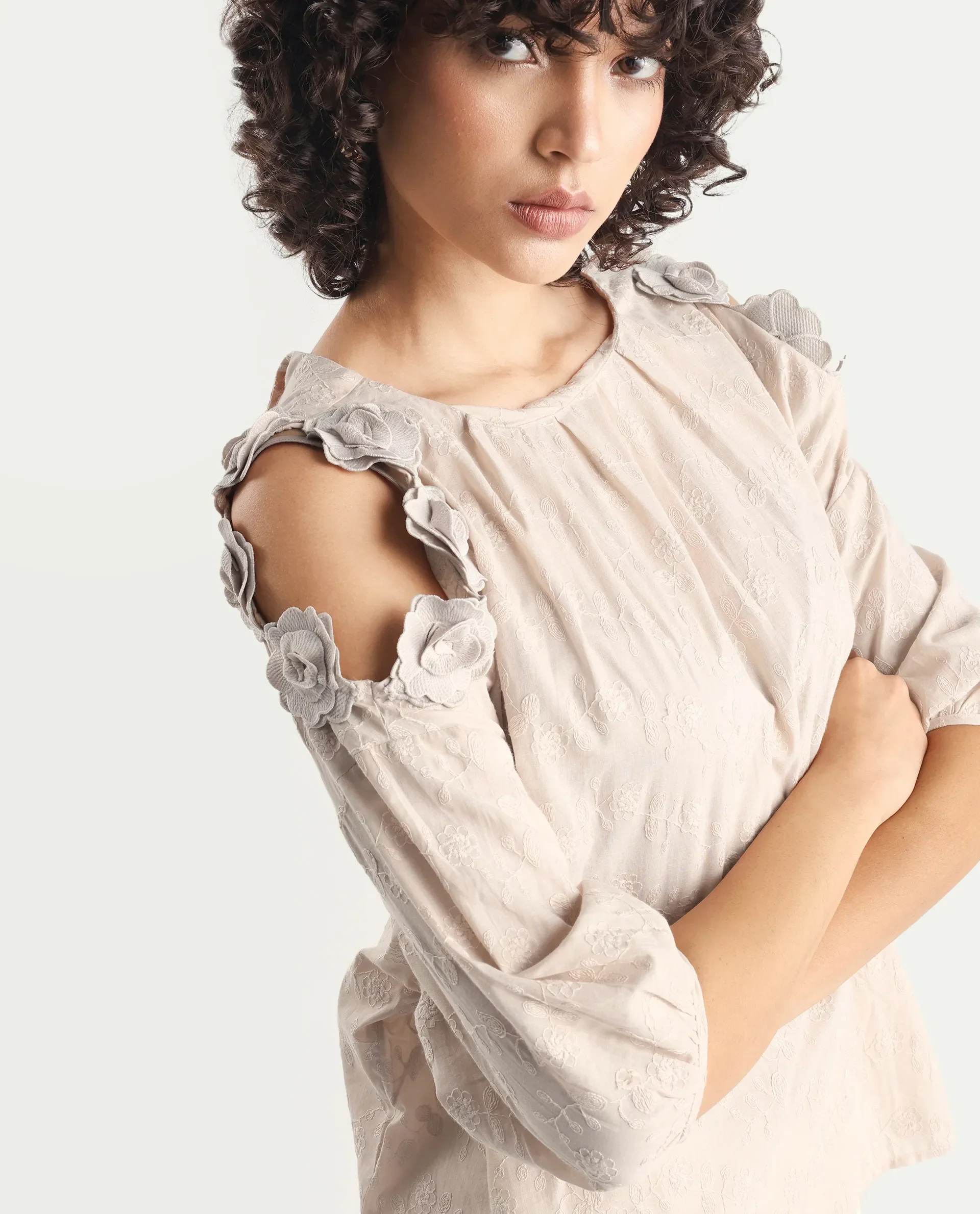 Rareism Women's Gips Beige Cotton Crew Neck Plain Balloon Sleeve Relaxed Fit Top - Image 3