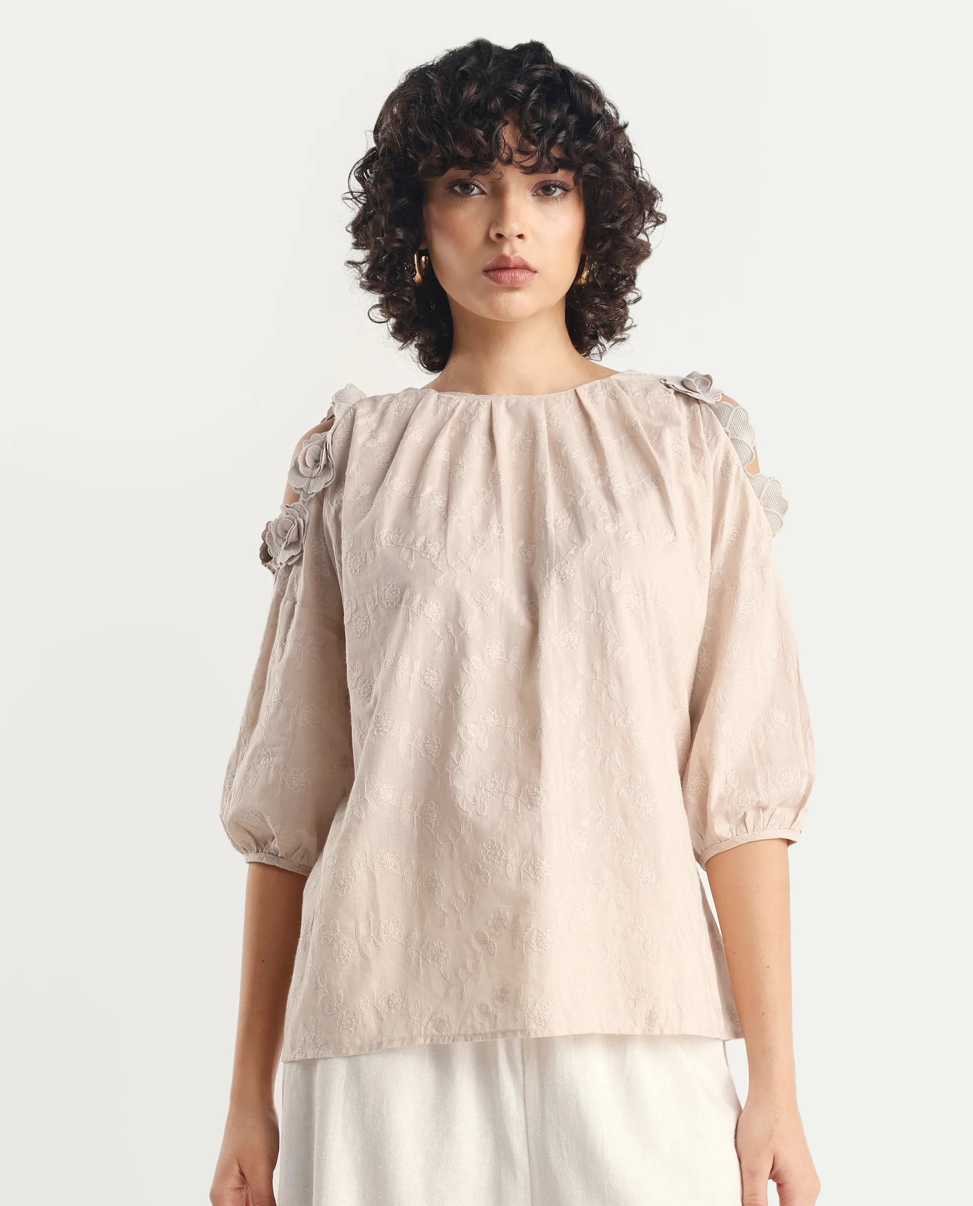 Rareism Women's Gips Beige Cotton Crew Neck Plain Balloon Sleeve Relaxed Fit Top - Image 4