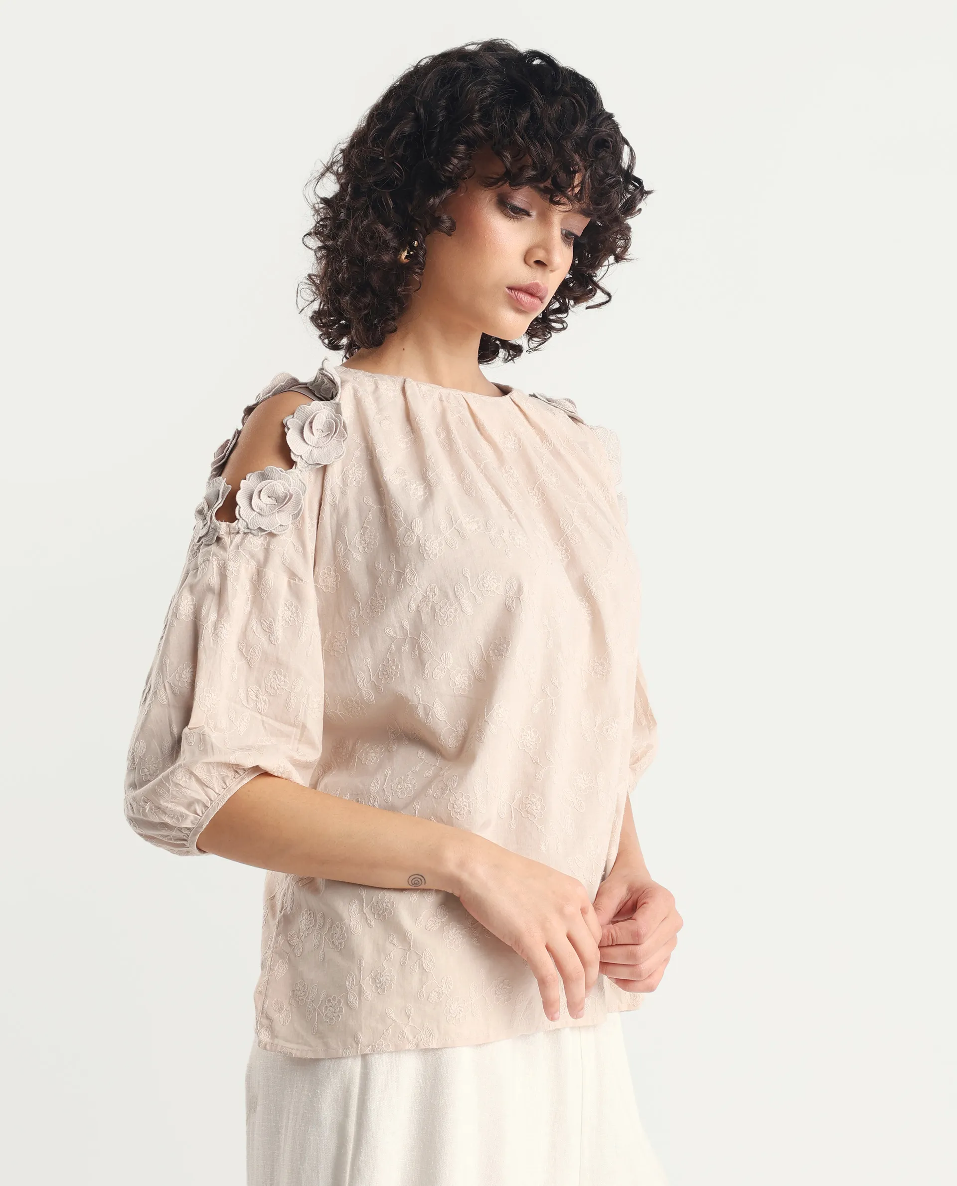 Rareism Women's Gips Beige Cotton Crew Neck Plain Balloon Sleeve Relaxed Fit Top - Image 5