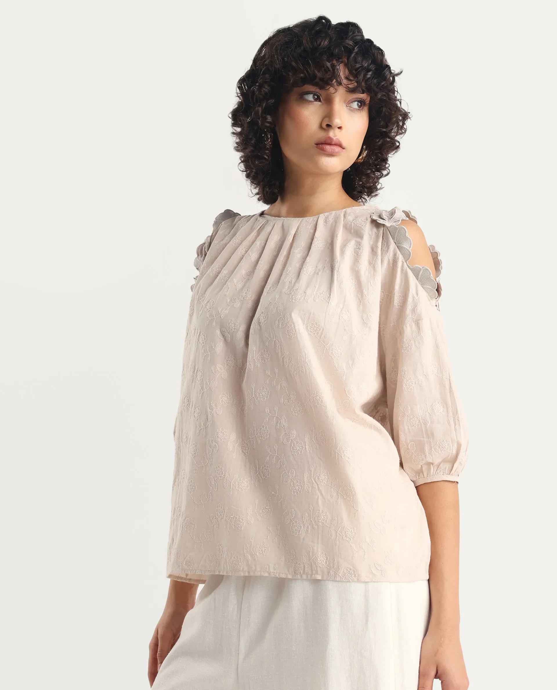 Rareism Women's Gips Beige Cotton Crew Neck Plain Balloon Sleeve Relaxed Fit Top - Image 6