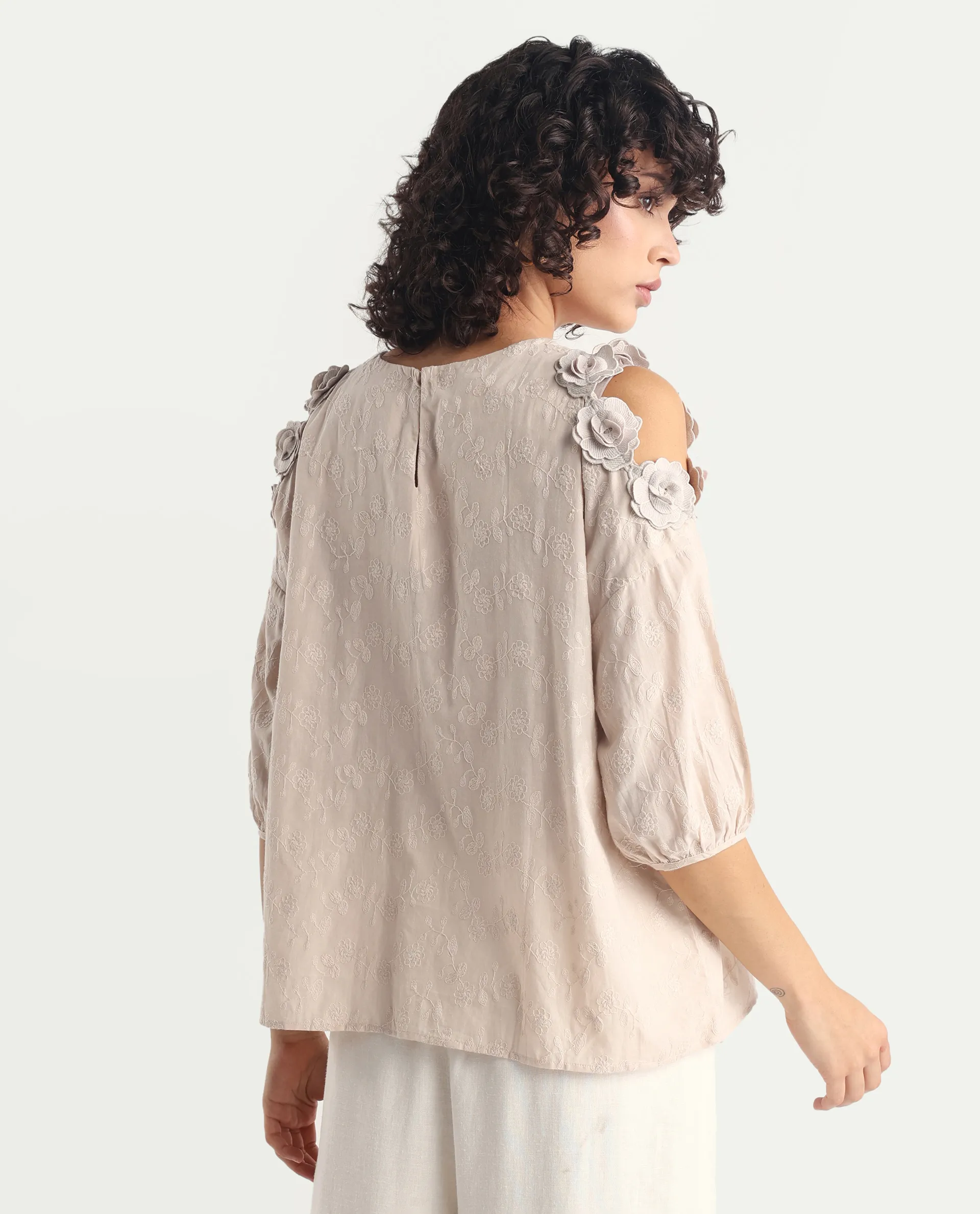 Rareism Women's Gips Beige Cotton Crew Neck Plain Balloon Sleeve Relaxed Fit Top - Image 8