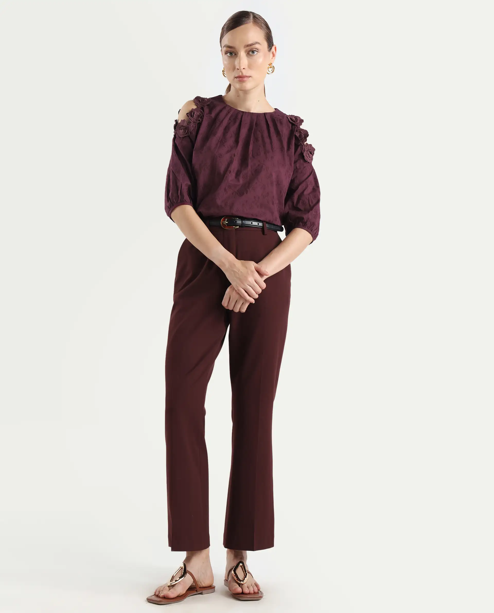 Rareism Women's Gips Red Cotton Crew Neck Plain Balloon Sleeve Relaxed Fit Top - Image 2