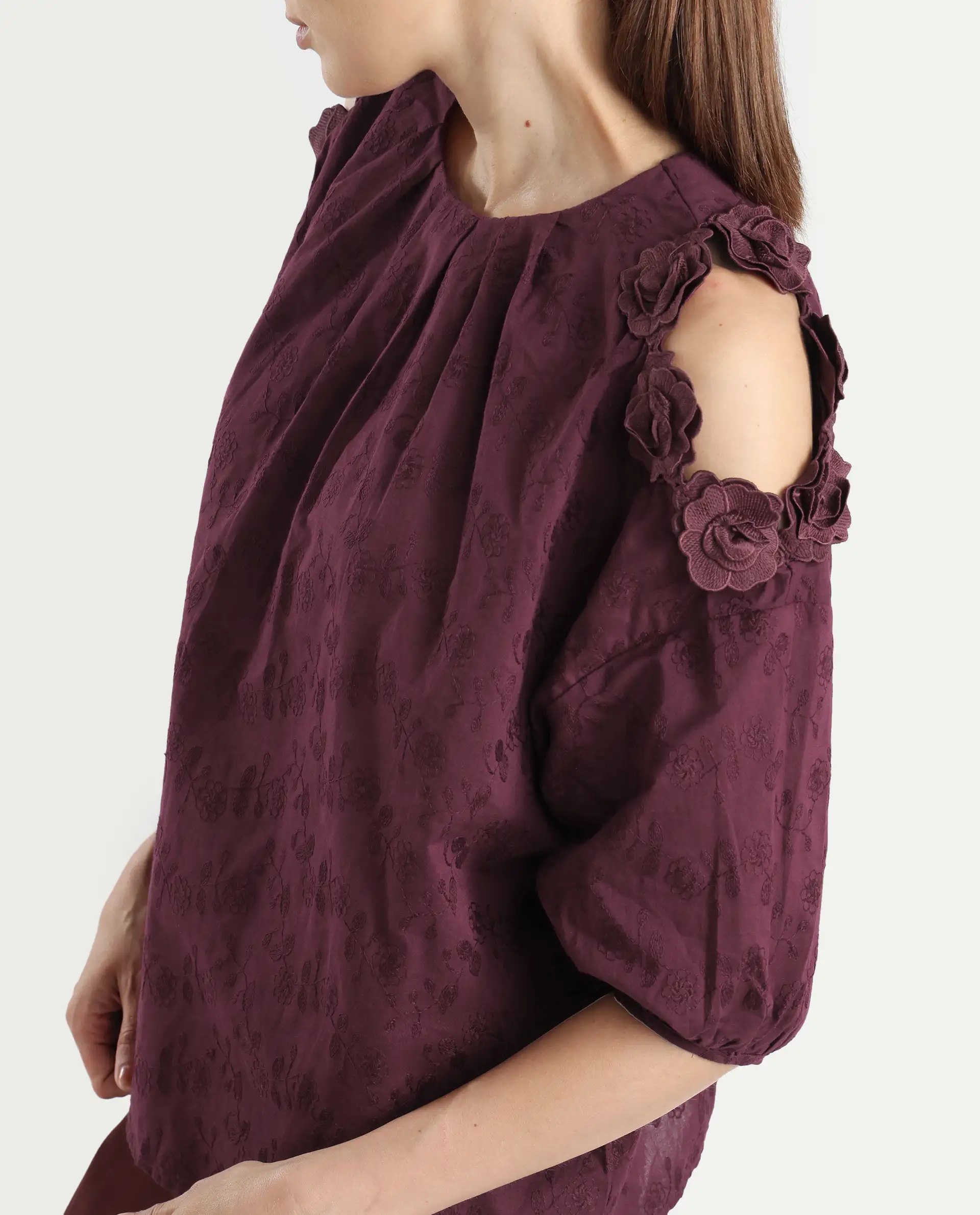 Rareism Women's Gips Red Cotton Crew Neck Plain Balloon Sleeve Relaxed Fit Top - Image 4