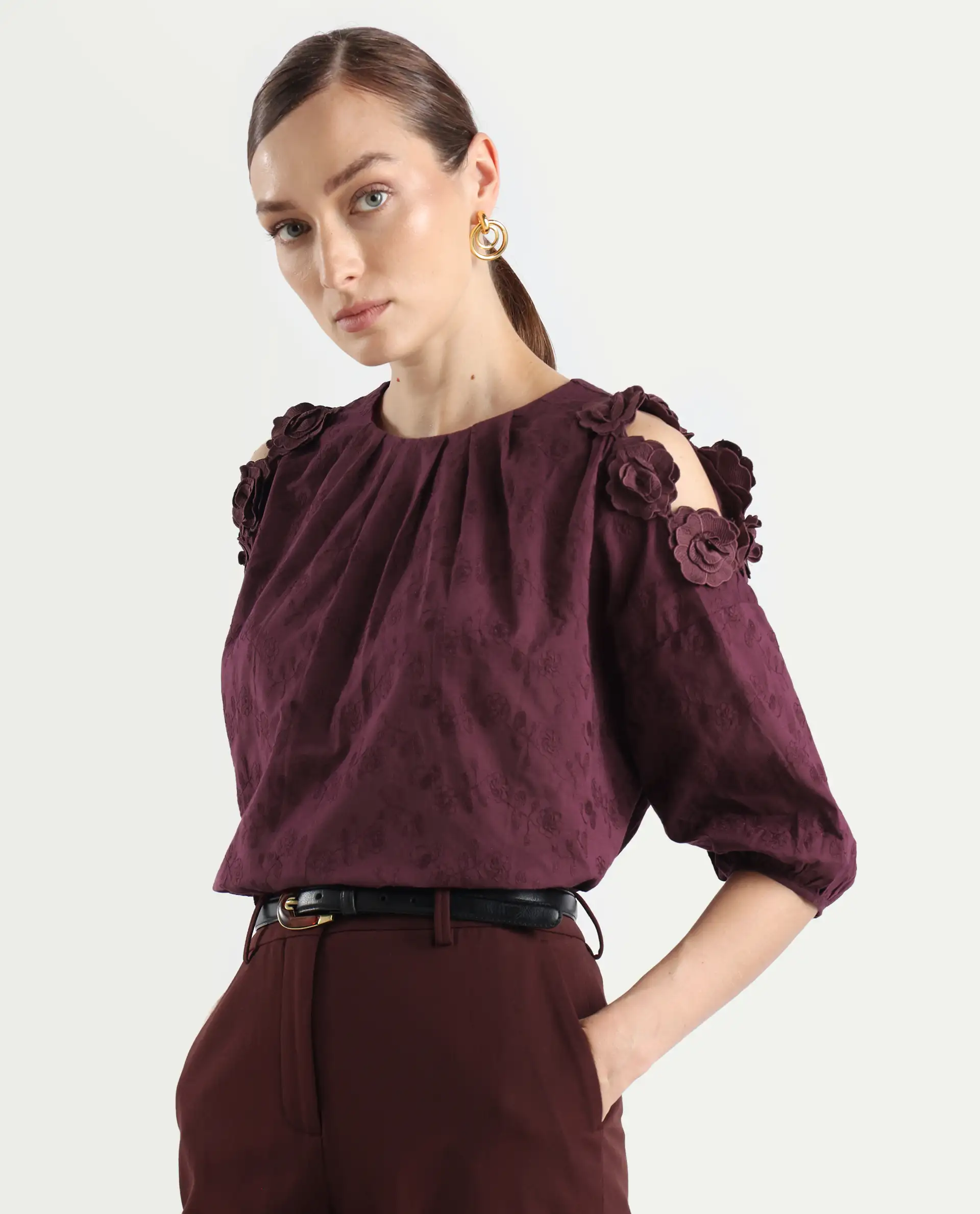 Rareism Women's Gips Red Cotton Crew Neck Plain Balloon Sleeve Relaxed Fit Top - Image 5