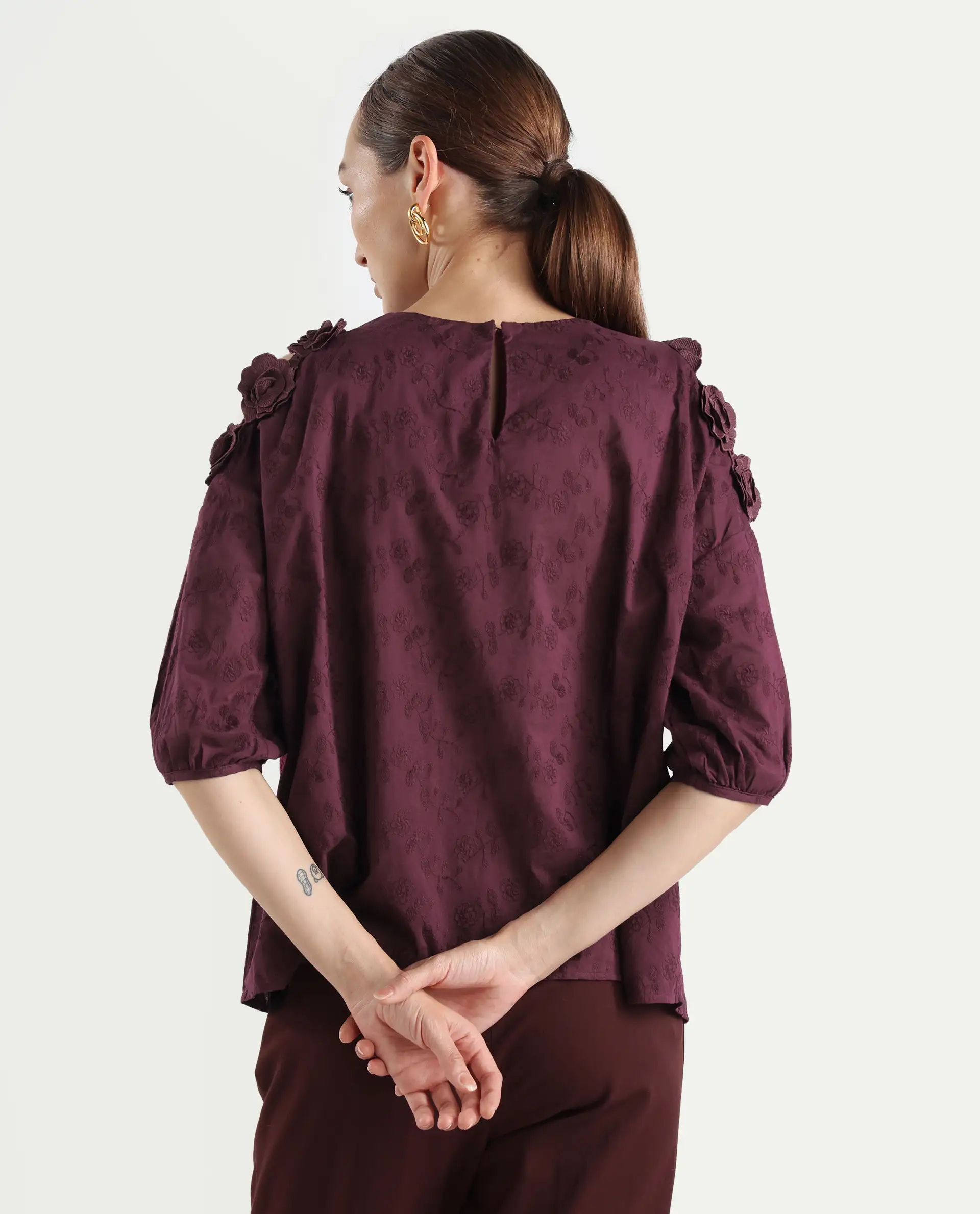 Rareism Women's Gips Red Cotton Crew Neck Plain Balloon Sleeve Relaxed Fit Top - Image 7