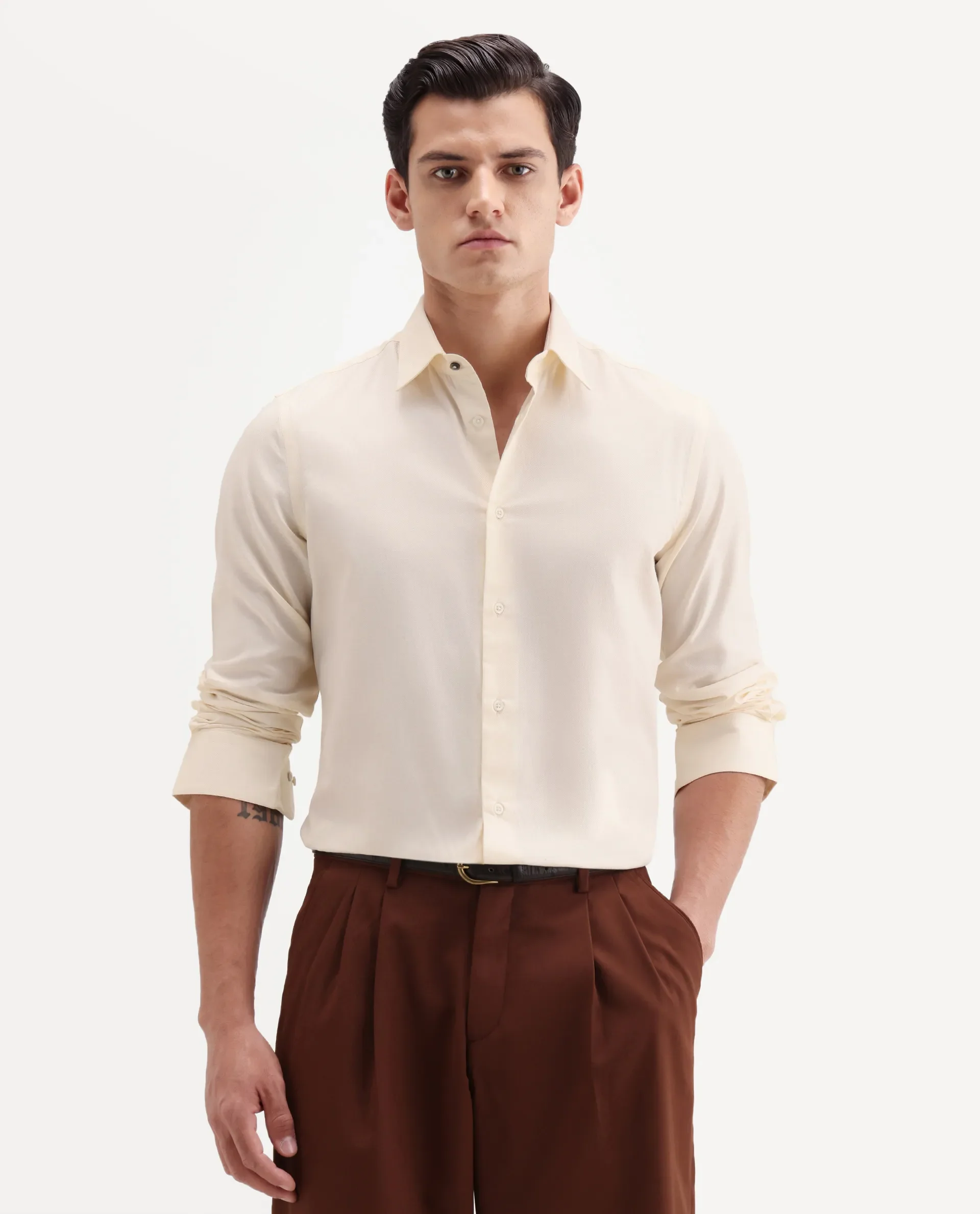 Rare Rabbit Men's Giro Light Yellow Cotton Full Sleeve Spread Collar Regular Fit Plain Shirt - Image 4