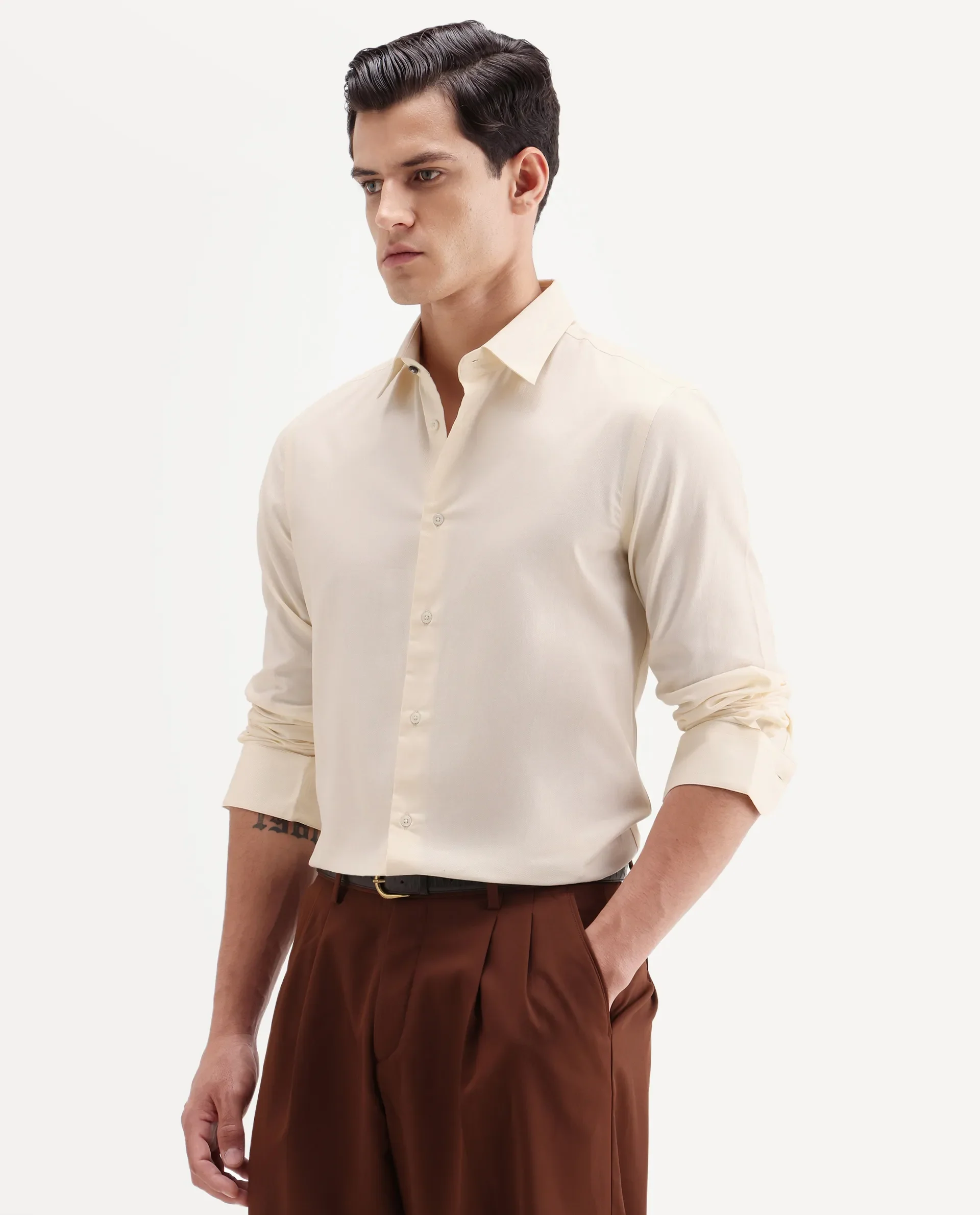 Rare Rabbit Men's Giro Light Yellow Cotton Full Sleeve Spread Collar Regular Fit Plain Shirt - Image 5