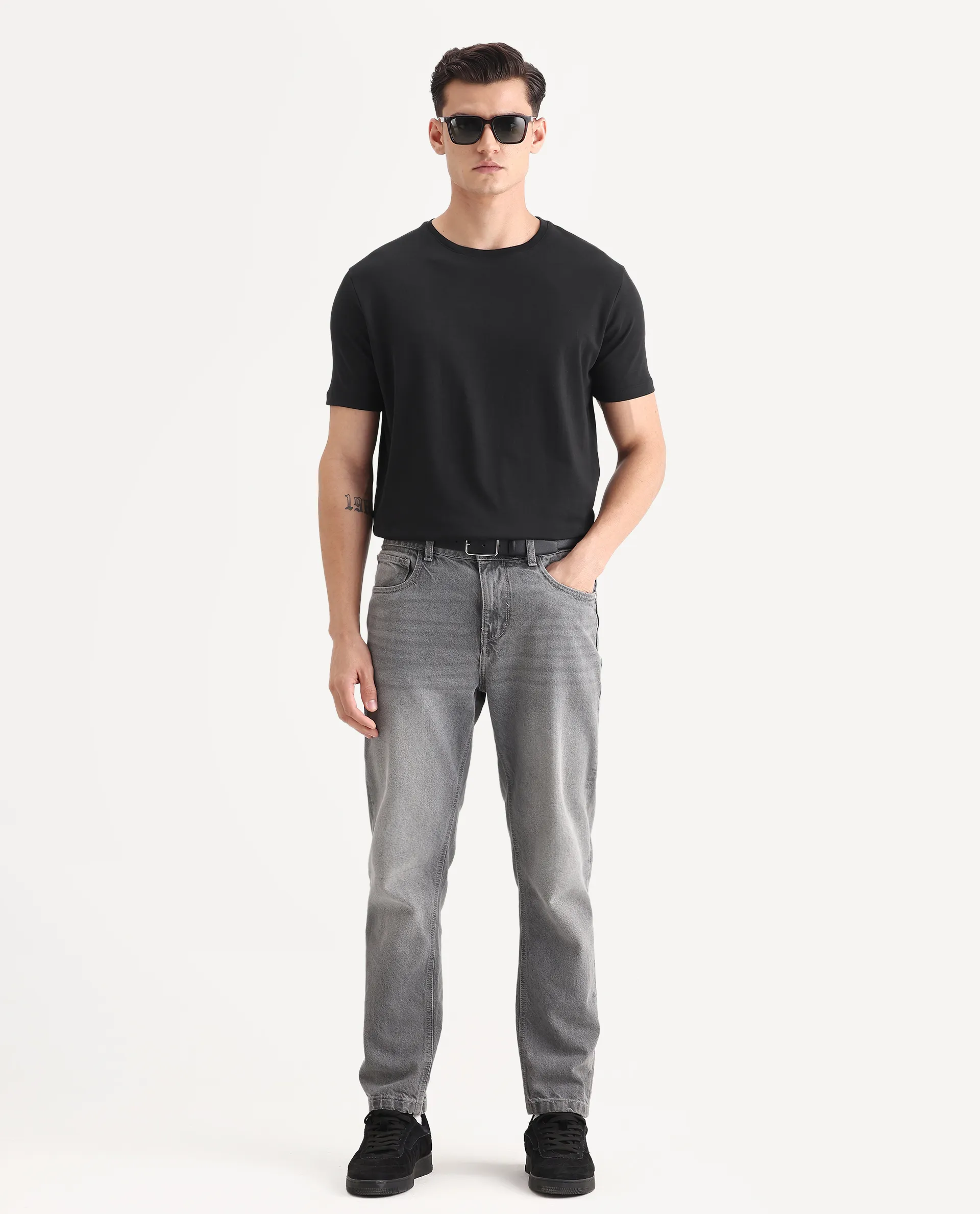 Rare Rabbit Men's Gis-1 Black Cotton Plain Slim Fit Half Sleeve Crew Neck T-Shirt - Image 2