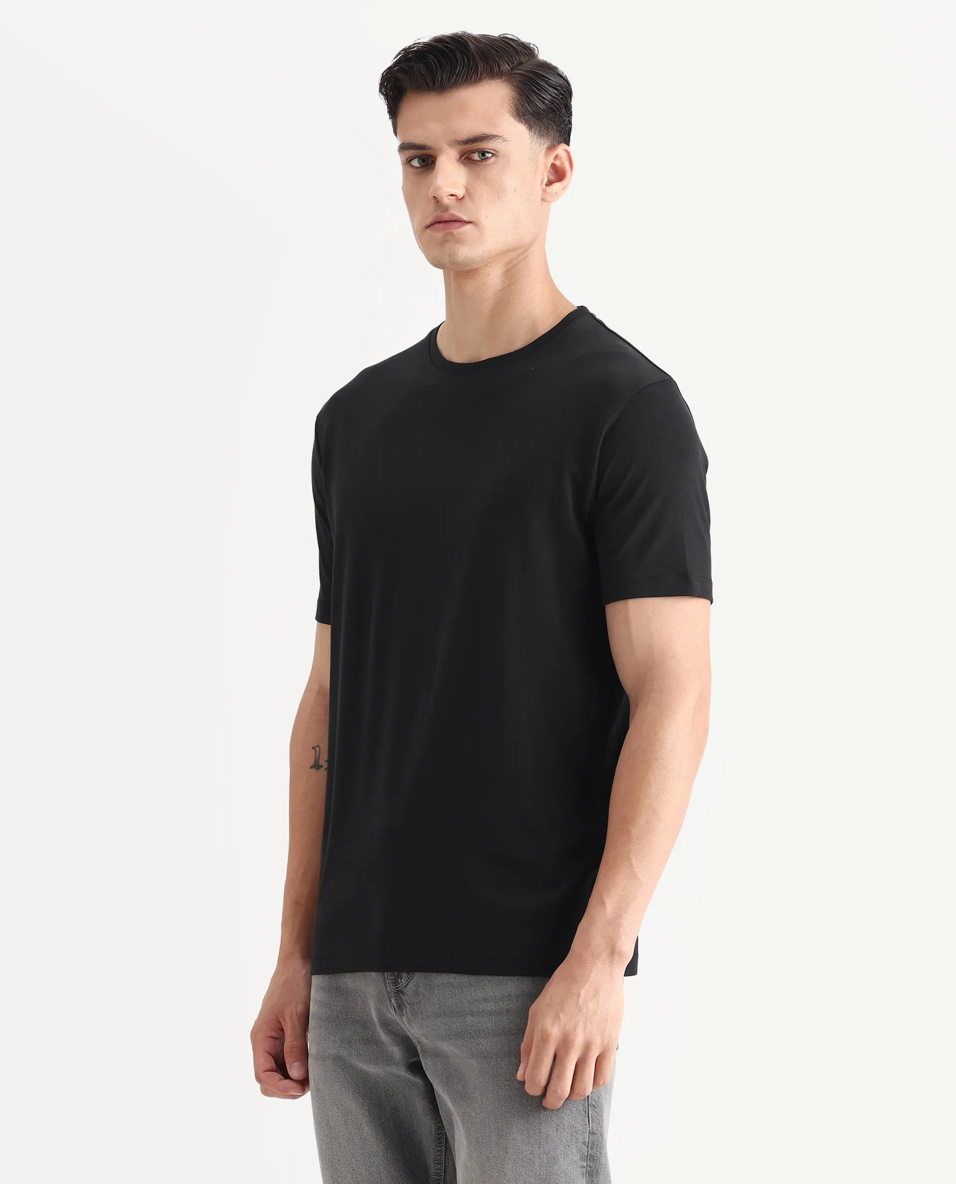Rare Rabbit Men's Gis-1 Black Cotton Plain Slim Fit Half Sleeve Crew Neck T-Shirt - Image 5