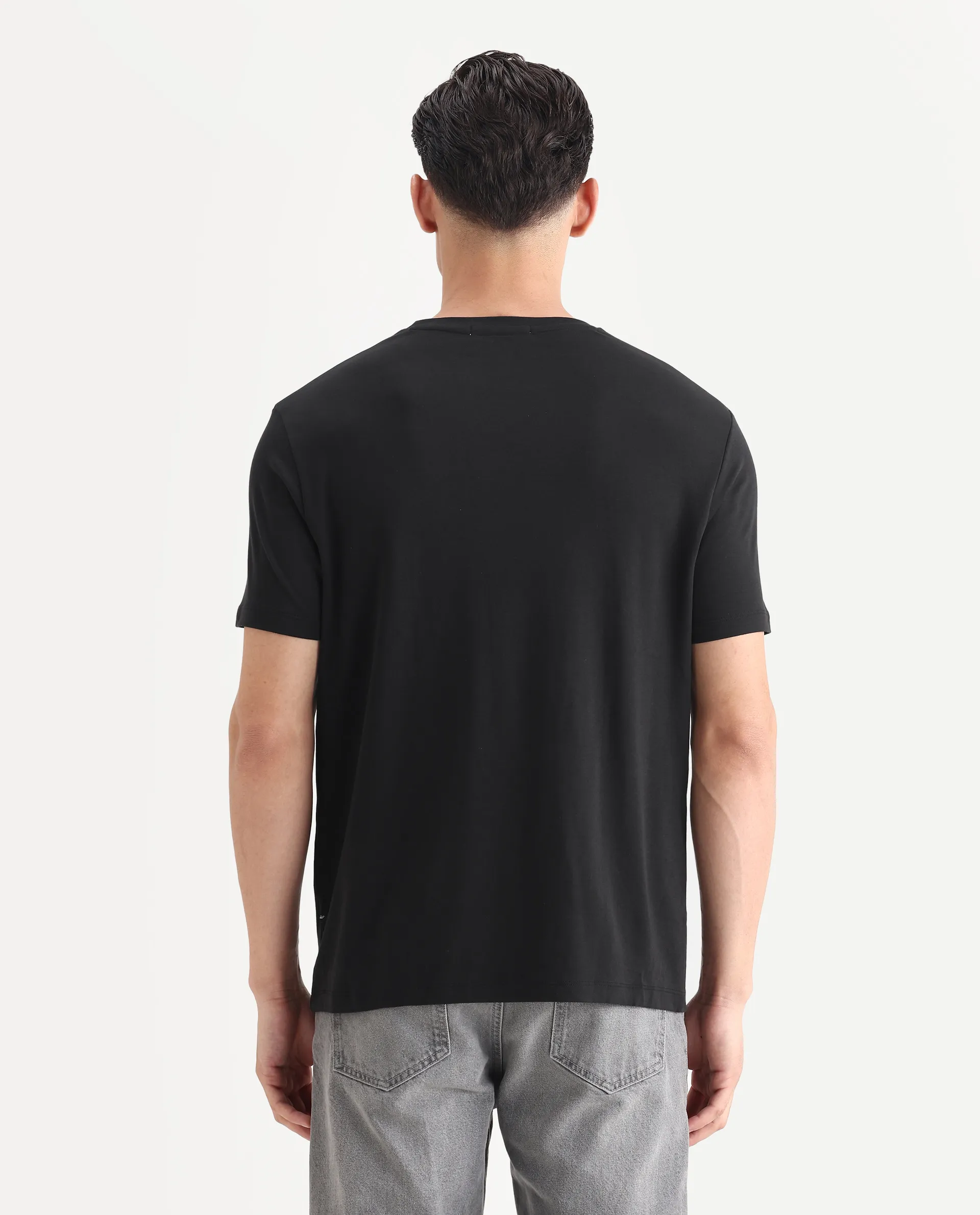 Rare Rabbit Men's Gis-1 Black Cotton Plain Slim Fit Half Sleeve Crew Neck T-Shirt - Image 7