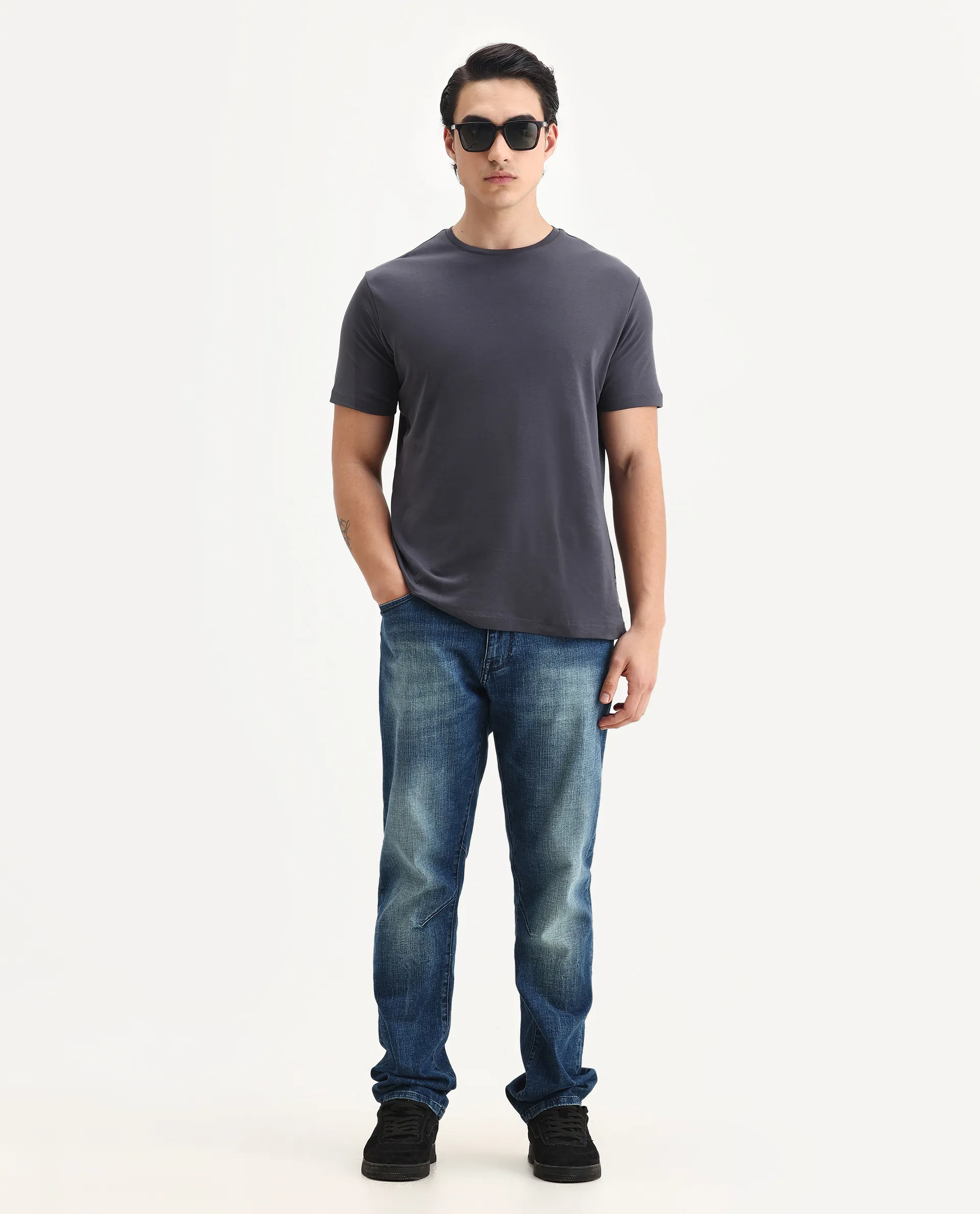 Rare Rabbit Men's Gis-1 Dark Grey Cotton Plain Slim Fit Half Sleeve Crew Neck T-Shirt - Image 2