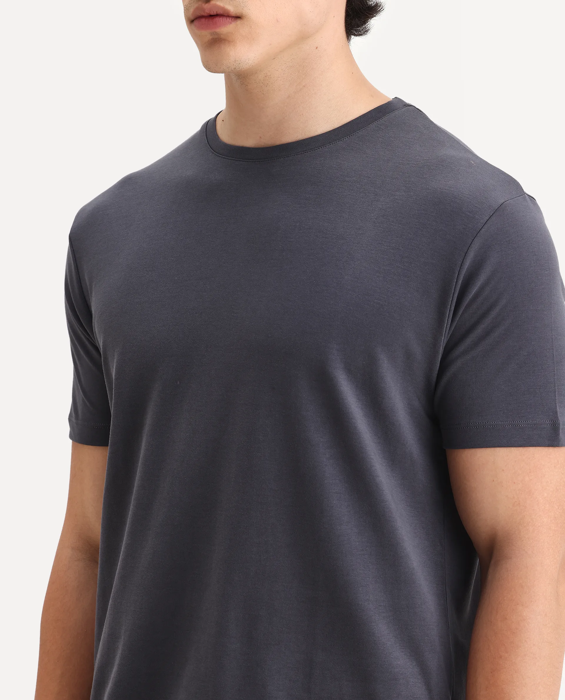 Rare Rabbit Men's Gis-1 Dark Grey Cotton Plain Slim Fit Half Sleeve Crew Neck T-Shirt - Image 3