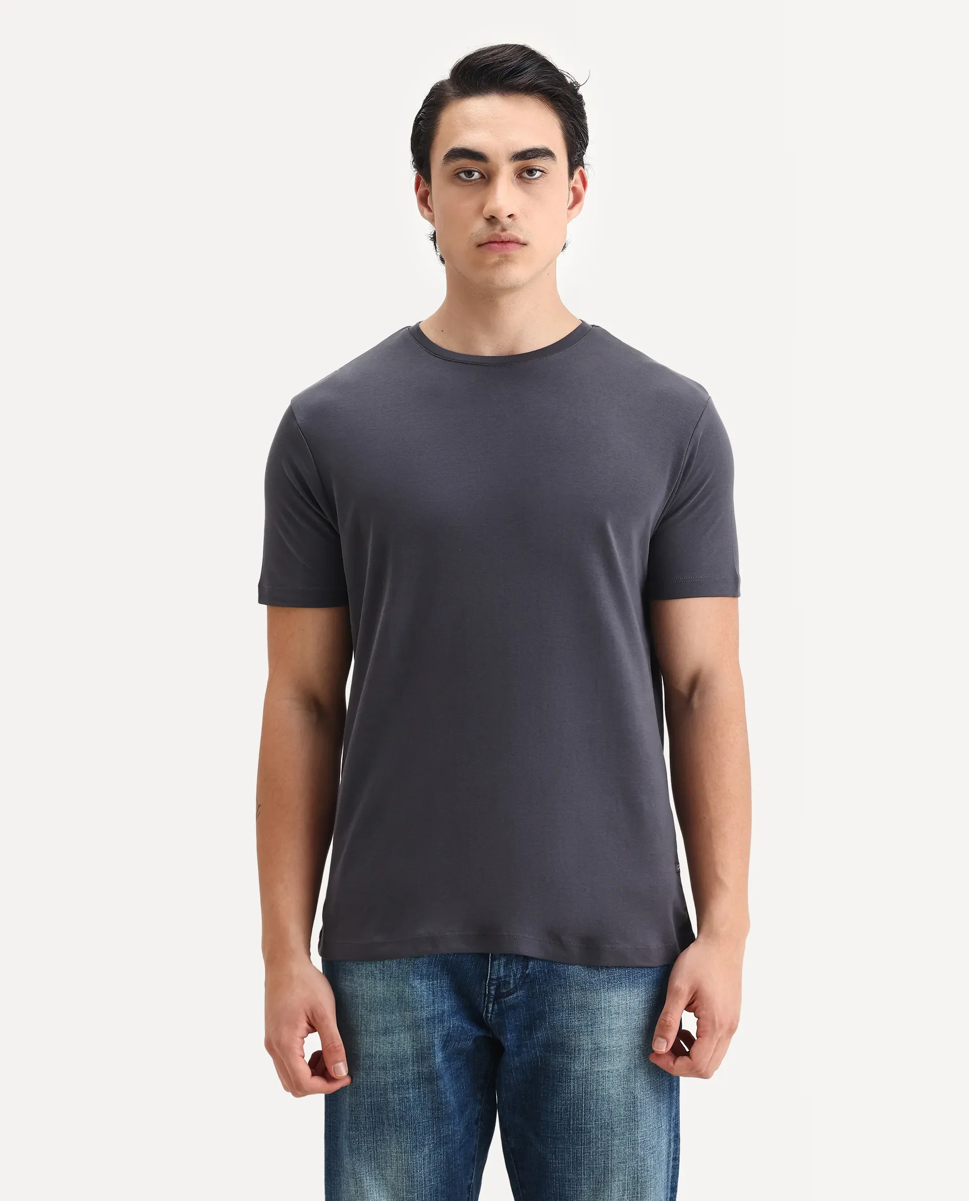 Rare Rabbit Men's Gis-1 Dark Grey Cotton Plain Slim Fit Half Sleeve Crew Neck T-Shirt - Image 4