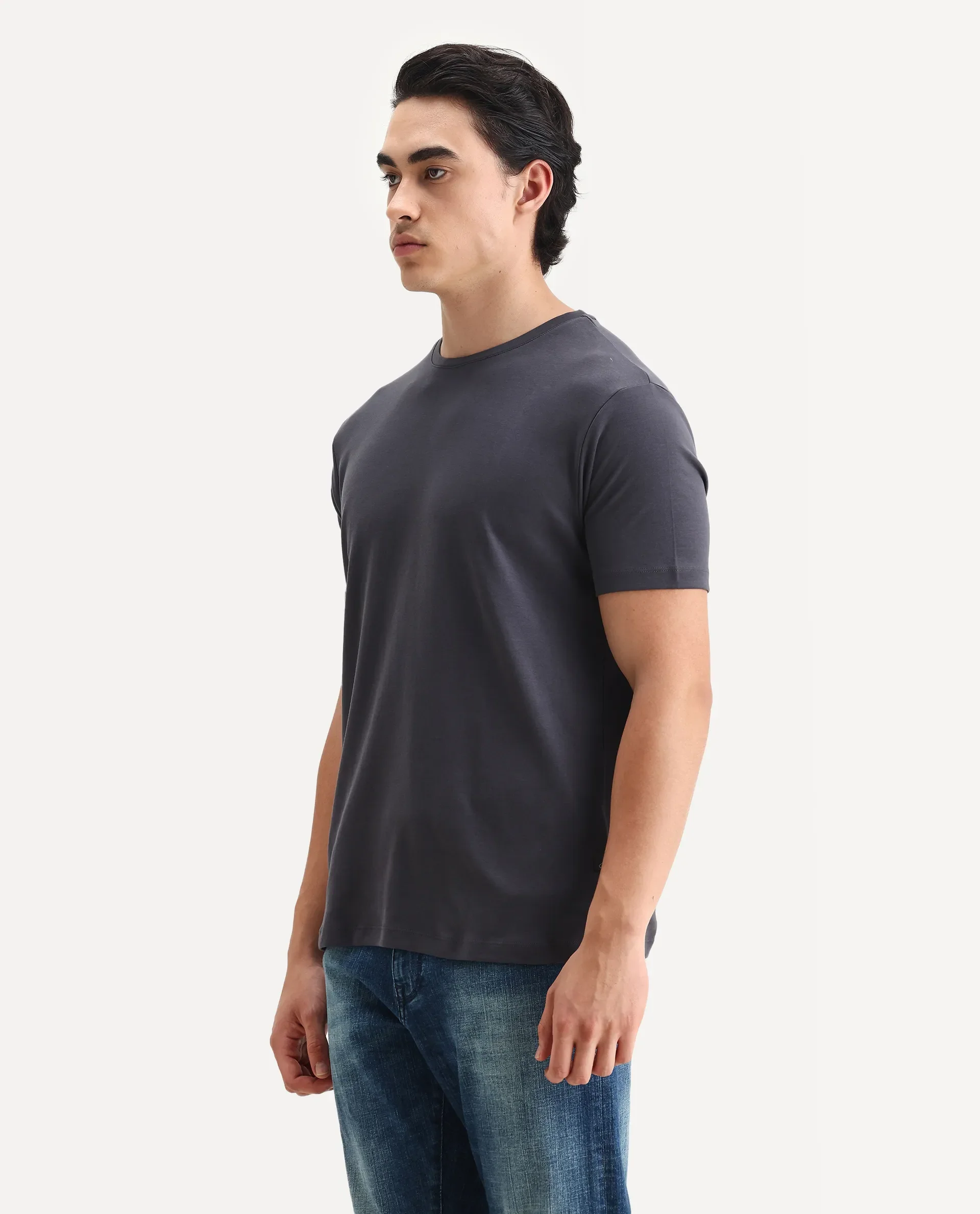 Rare Rabbit Men's Gis-1 Dark Grey Cotton Plain Slim Fit Half Sleeve Crew Neck T-Shirt - Image 5