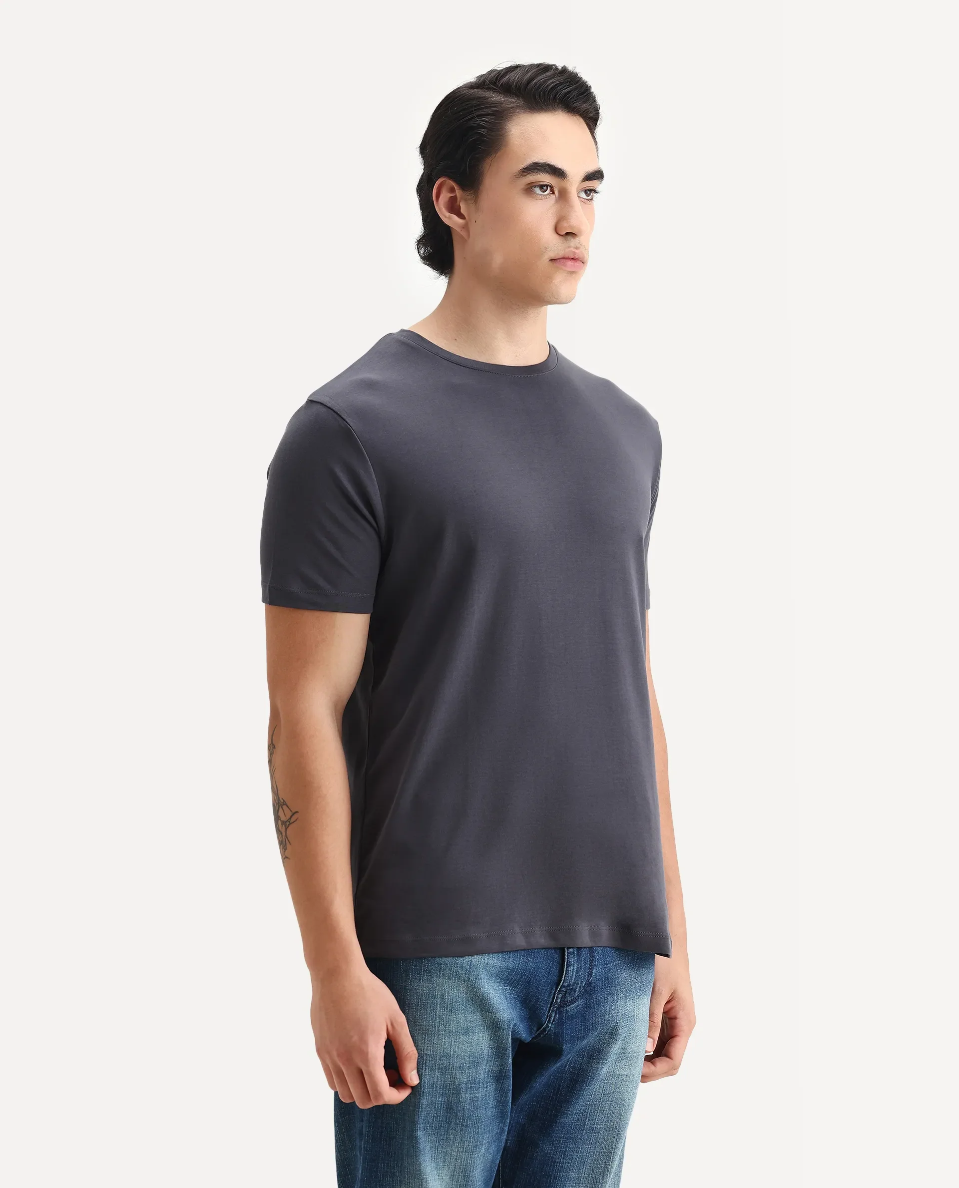 Rare Rabbit Men's Gis-1 Dark Grey Cotton Plain Slim Fit Half Sleeve Crew Neck T-Shirt - Image 6