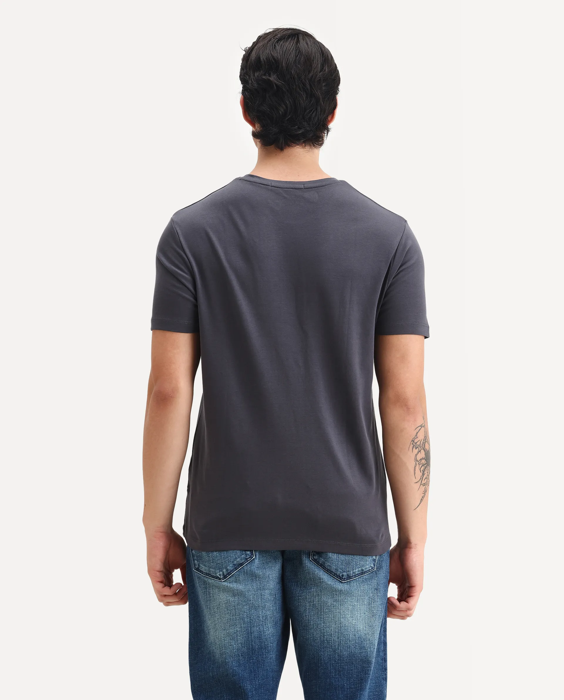Rare Rabbit Men's Gis-1 Dark Grey Cotton Plain Slim Fit Half Sleeve Crew Neck T-Shirt - Image 7