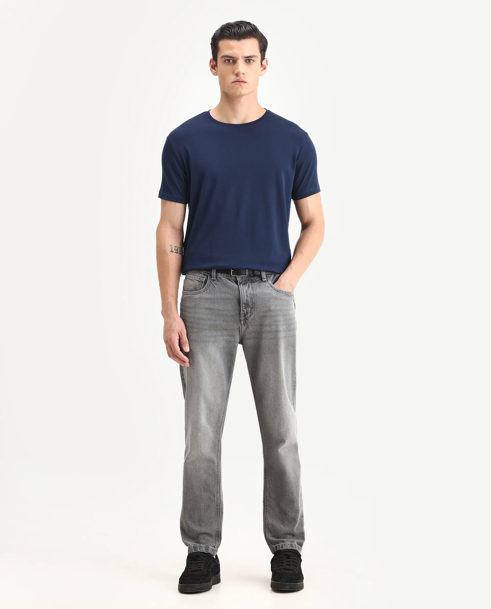 Rare Rabbit Men's Gis-1 Navy Cotton Plain Slim Fit Half Sleeve Crew Neck T-Shirt - Image 2