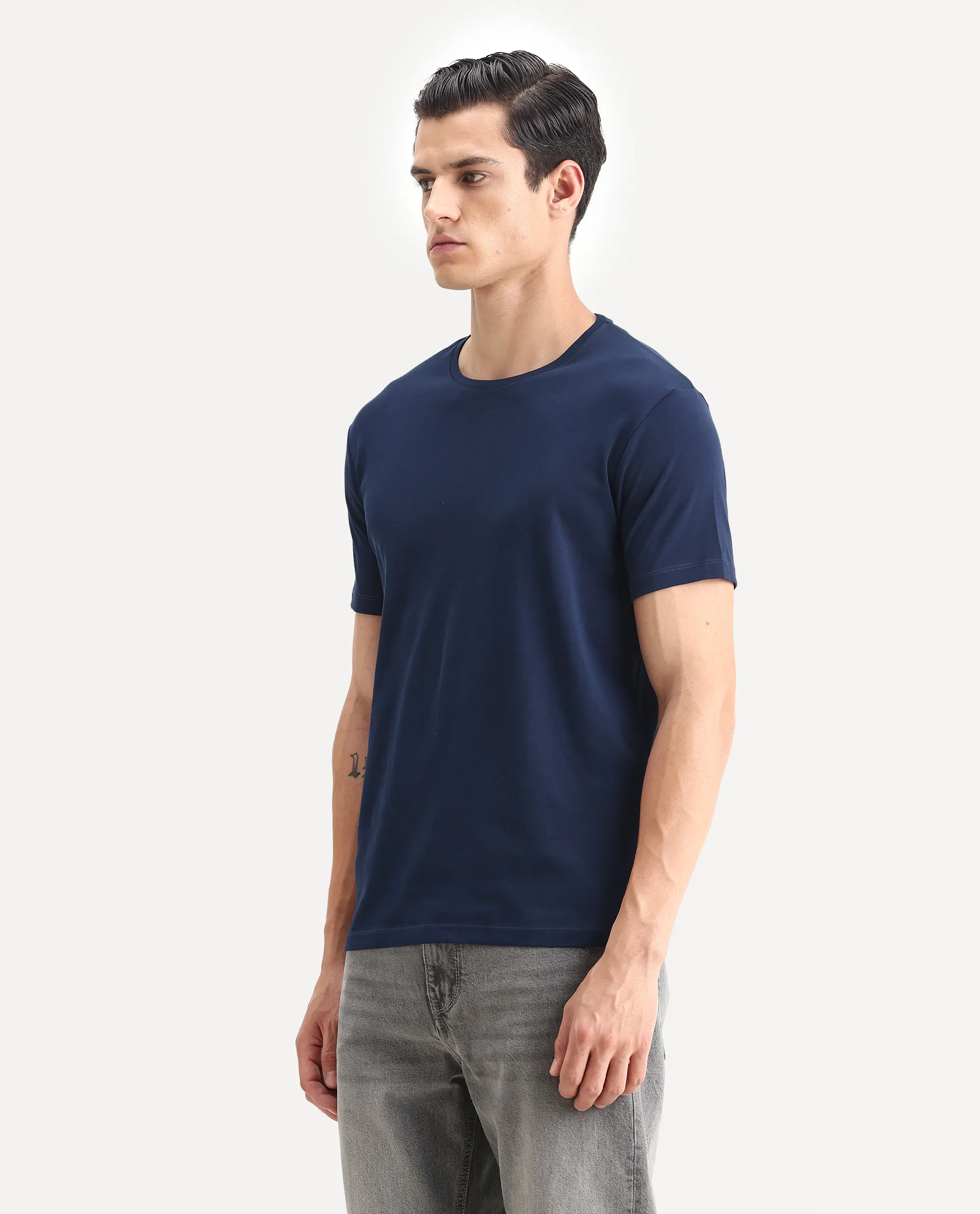 Rare Rabbit Men's Gis-1 Navy Cotton Plain Slim Fit Half Sleeve Crew Neck T-Shirt - Image 3