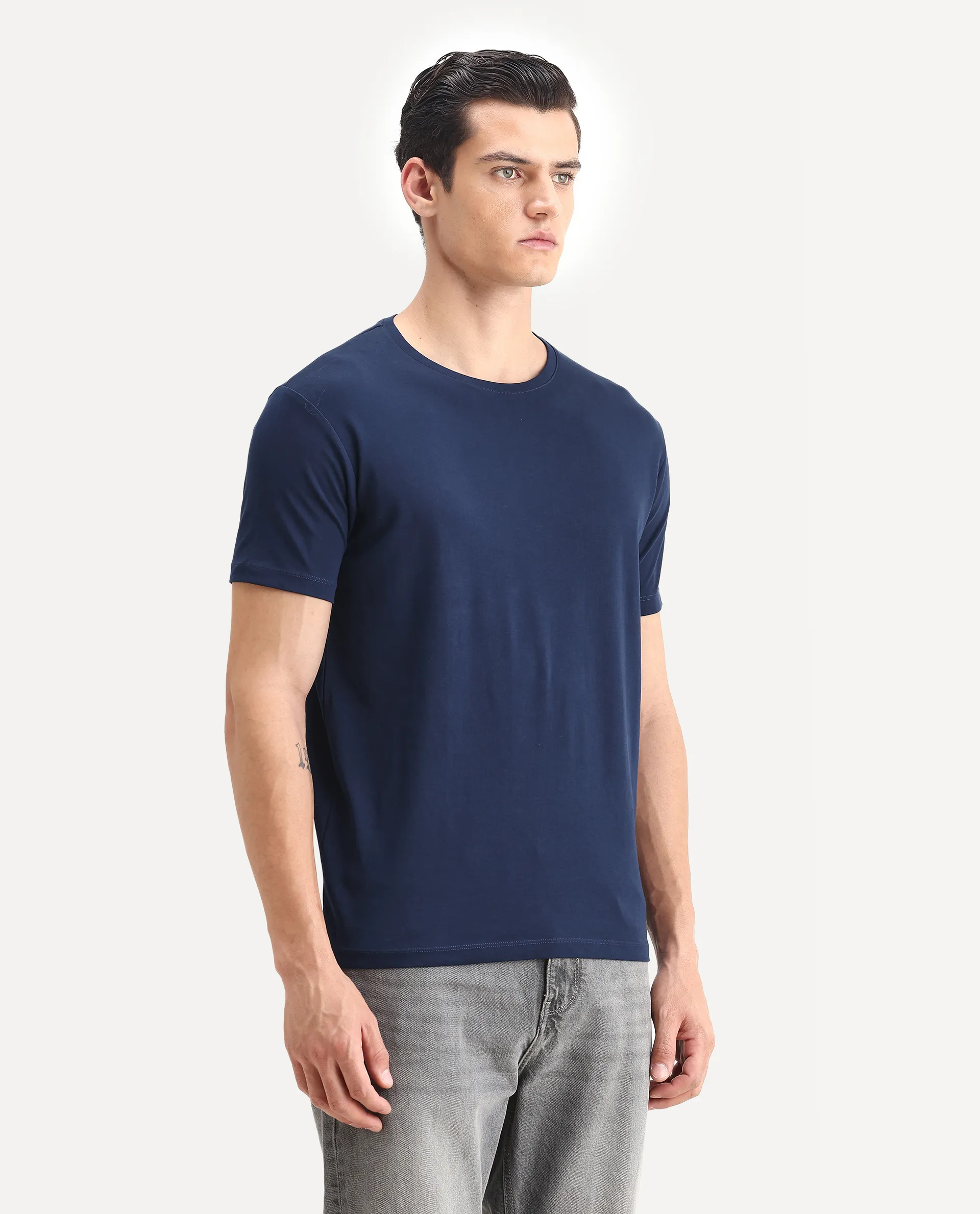 Rare Rabbit Men's Gis-1 Navy Cotton Plain Slim Fit Half Sleeve Crew Neck T-Shirt - Image 4