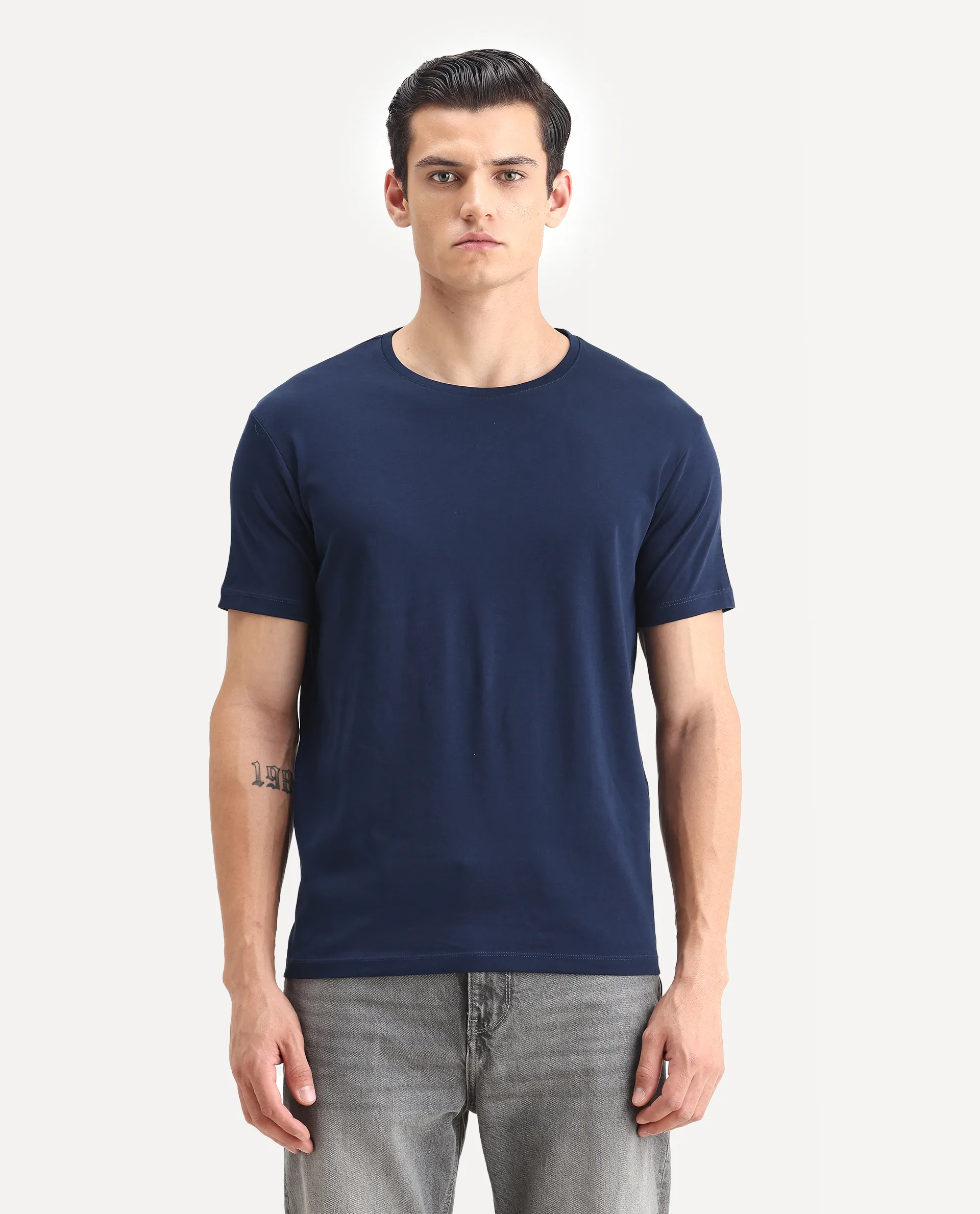 Rare Rabbit Men's Gis-1 Navy Cotton Plain Slim Fit Half Sleeve Crew Neck T-Shirt - Image 5