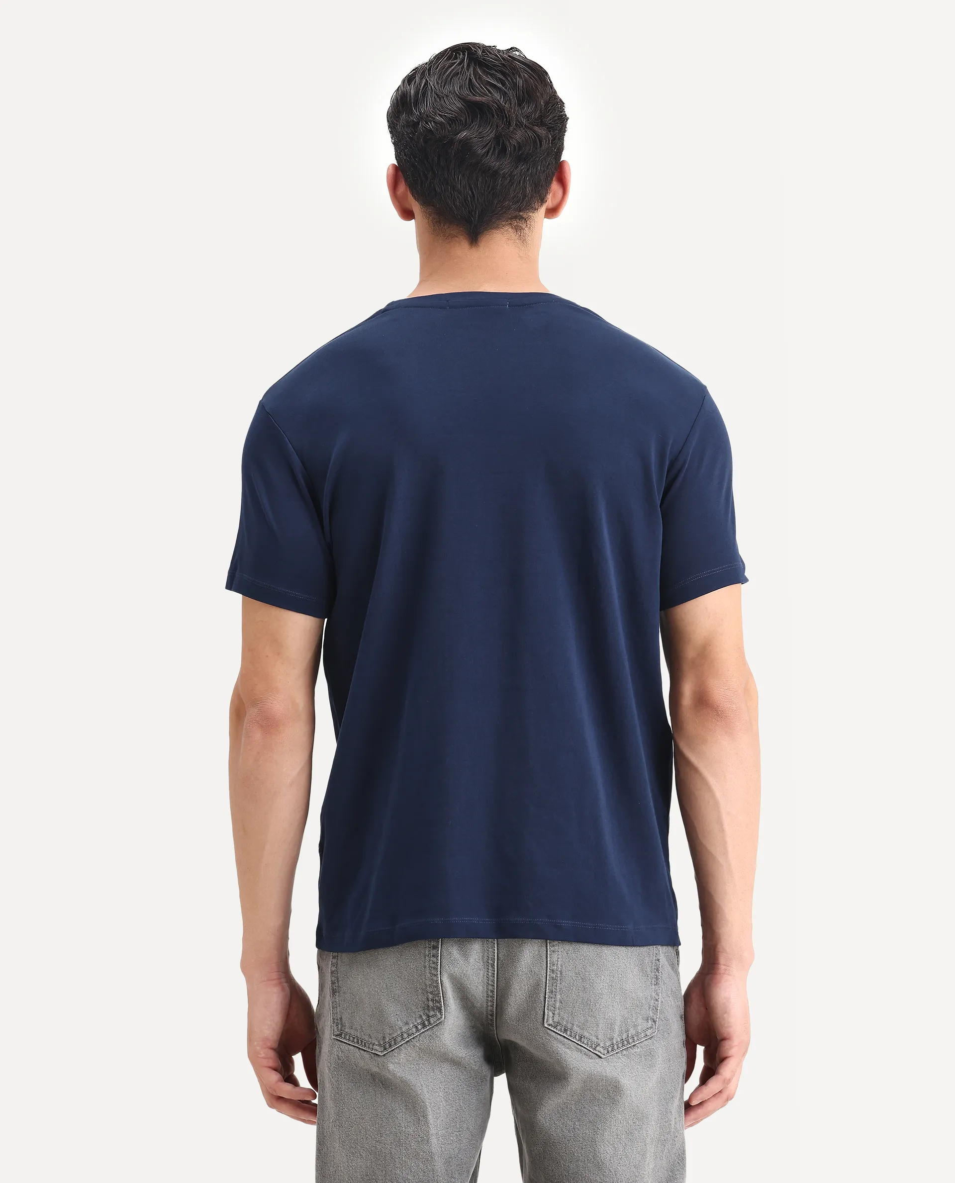 Rare Rabbit Men's Gis-1 Navy Cotton Plain Slim Fit Half Sleeve Crew Neck T-Shirt - Image 6