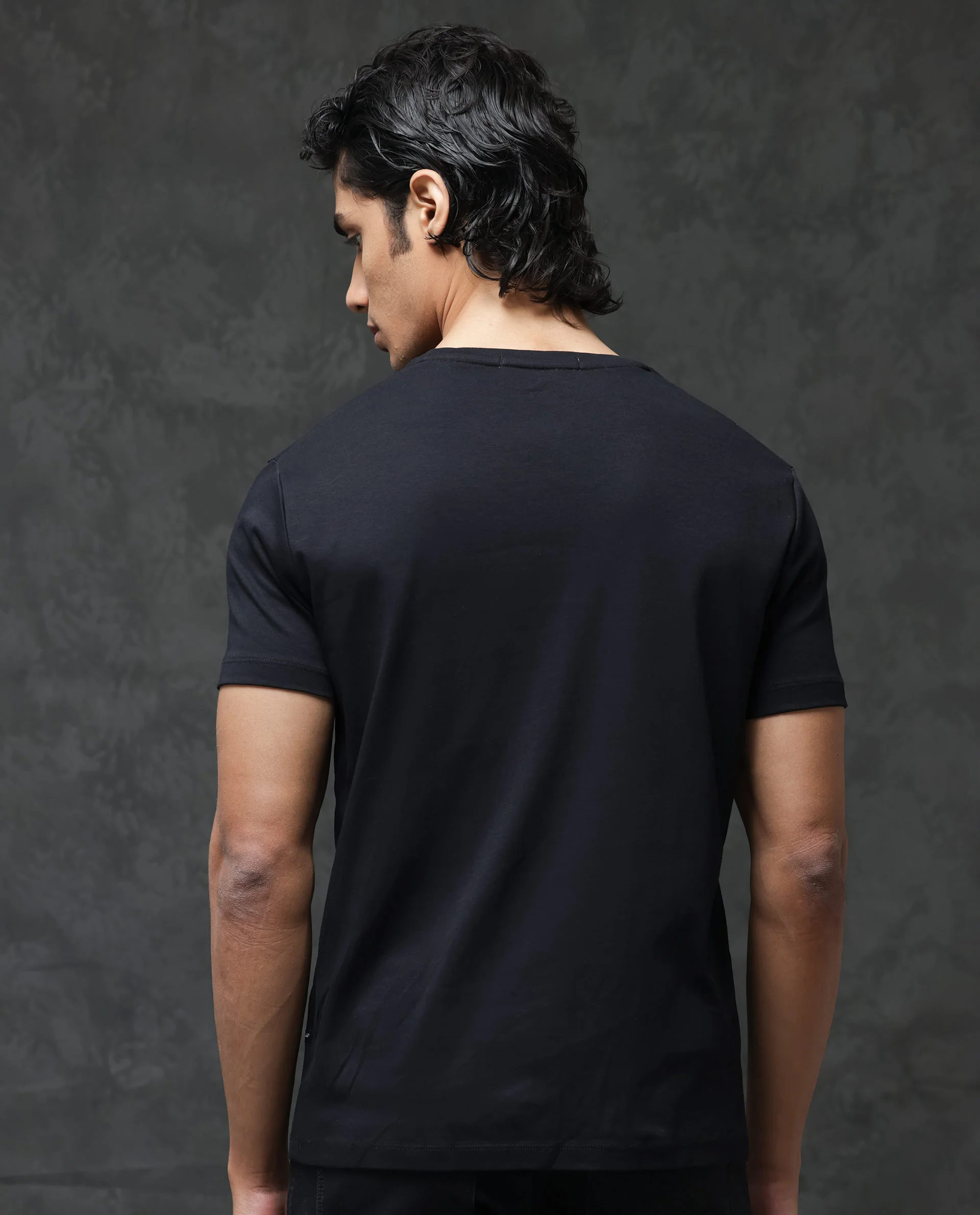 Rare Rabbit Men's Gis Black Cotton Plain Slim Fit Half Sleeve Crew Neck T-Shirt - Image 10