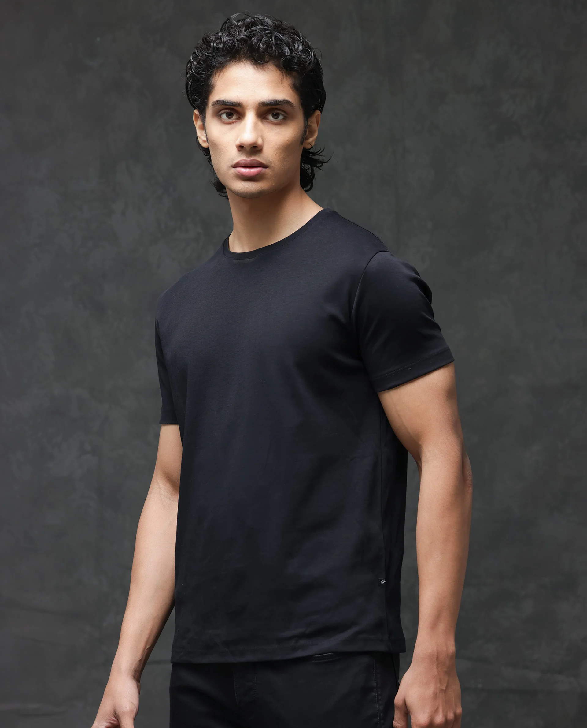 Rare Rabbit Men's Gis Black Cotton Plain Slim Fit Half Sleeve Crew Neck T-Shirt - Image 6