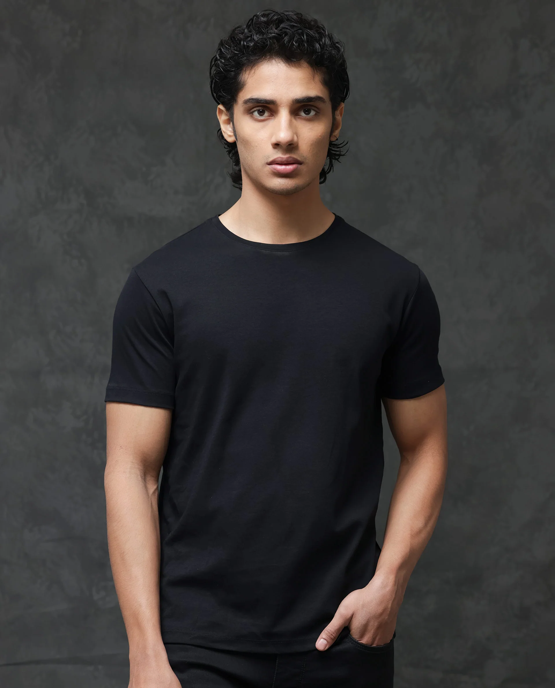 Rare Rabbit Men's Gis Black Cotton Plain Slim Fit Half Sleeve Crew Neck T-Shirt - Image 7