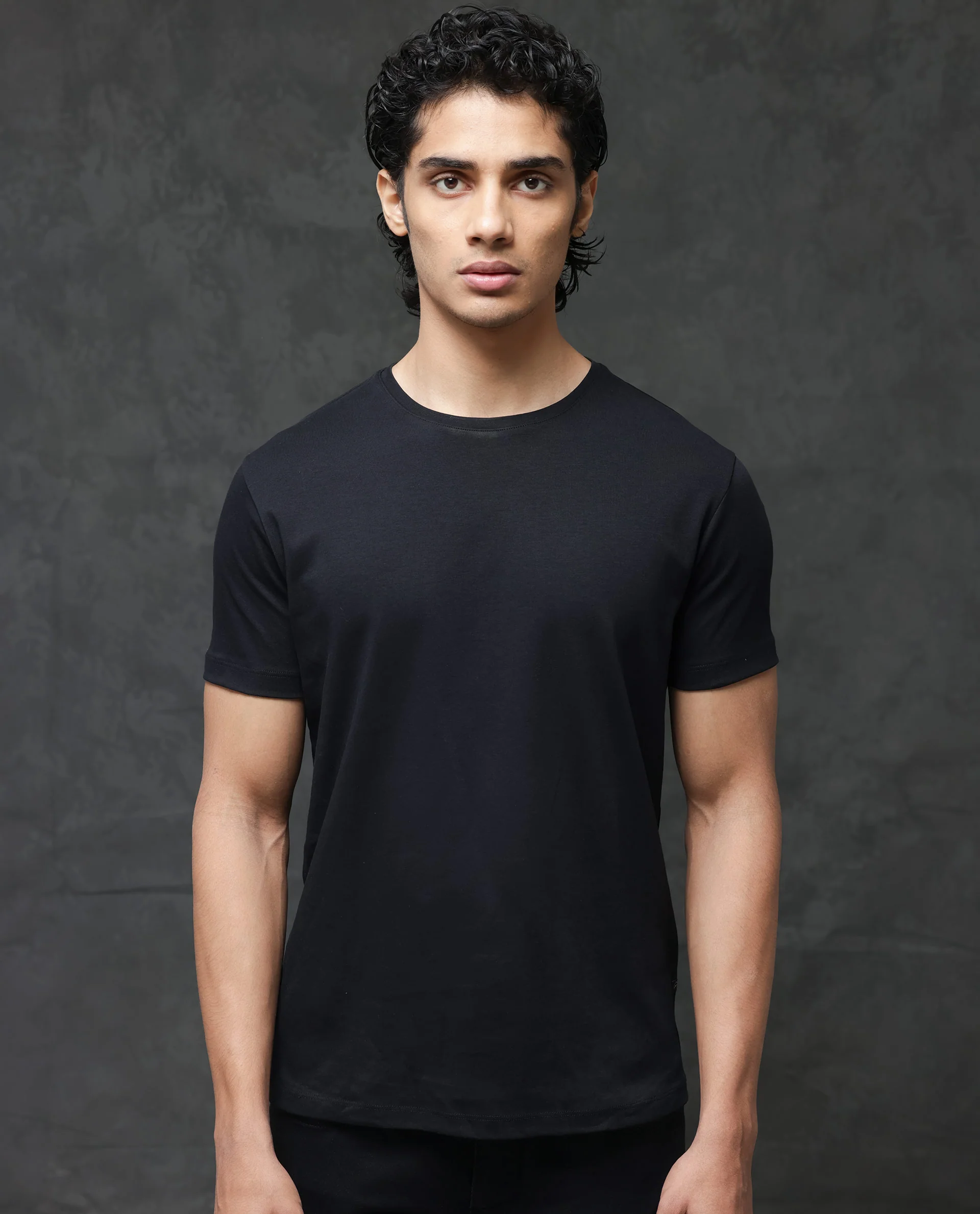 Rare Rabbit Men's Gis Black Cotton Plain Slim Fit Half Sleeve Crew Neck T-Shirt - Image 8