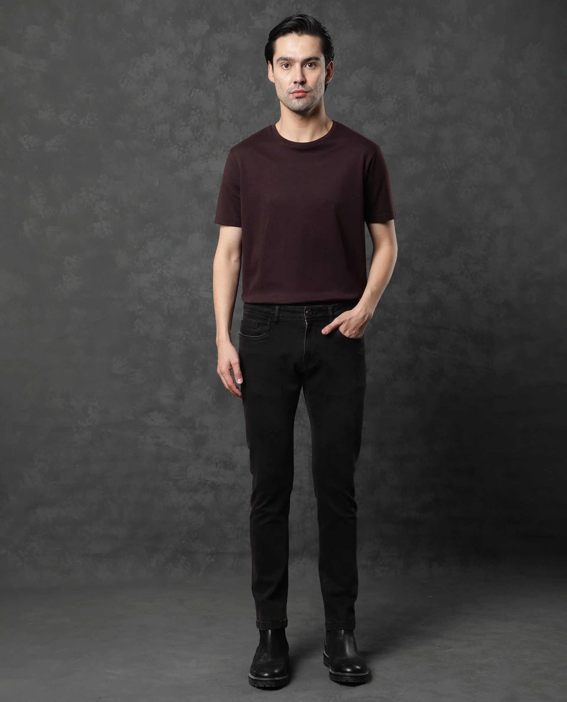 Rare Rabbit Men's Gis Maroon Cotton Plain Slim Fit Half Sleeve Crew Neck T-Shirt - Image 2