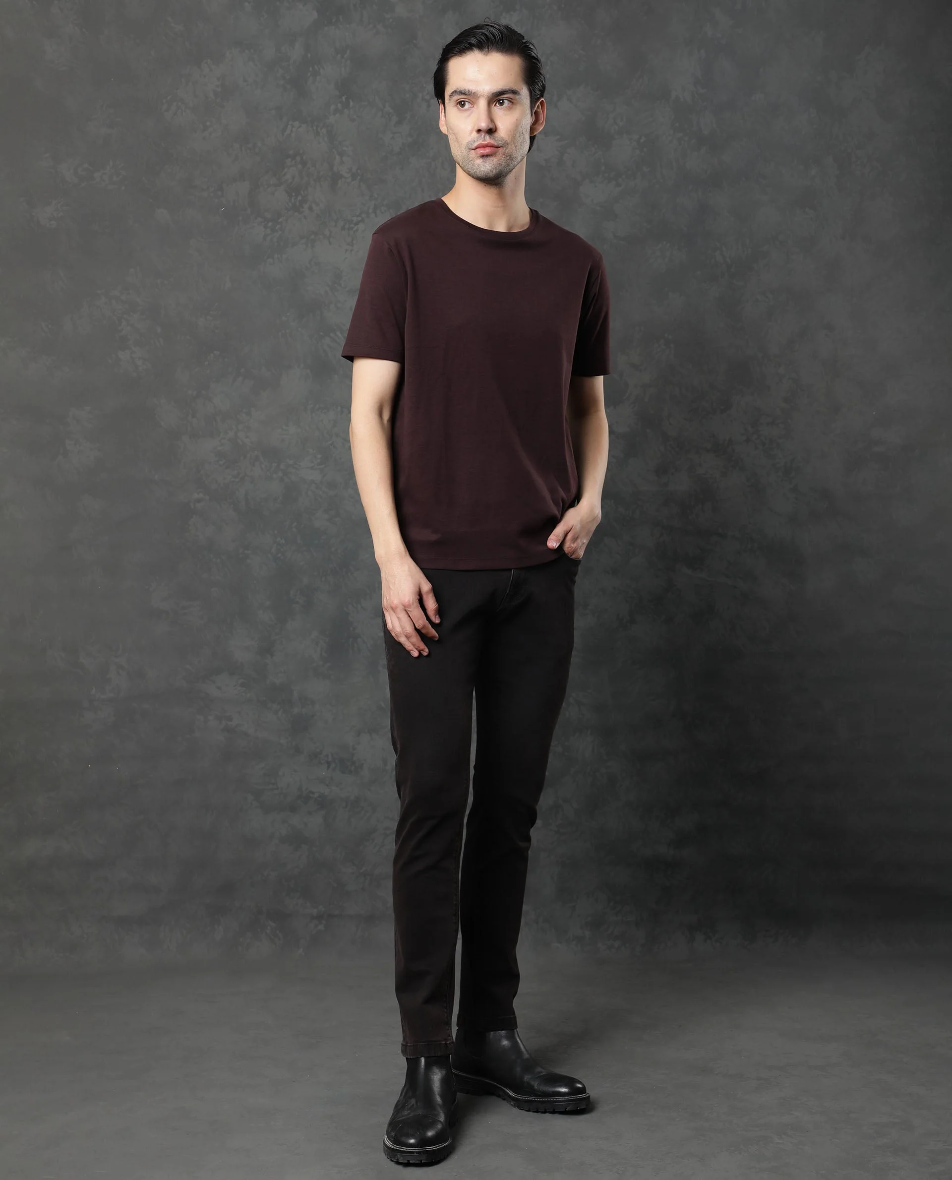 Rare Rabbit Men's Gis Maroon Cotton Plain Slim Fit Half Sleeve Crew Neck T-Shirt - Image 4