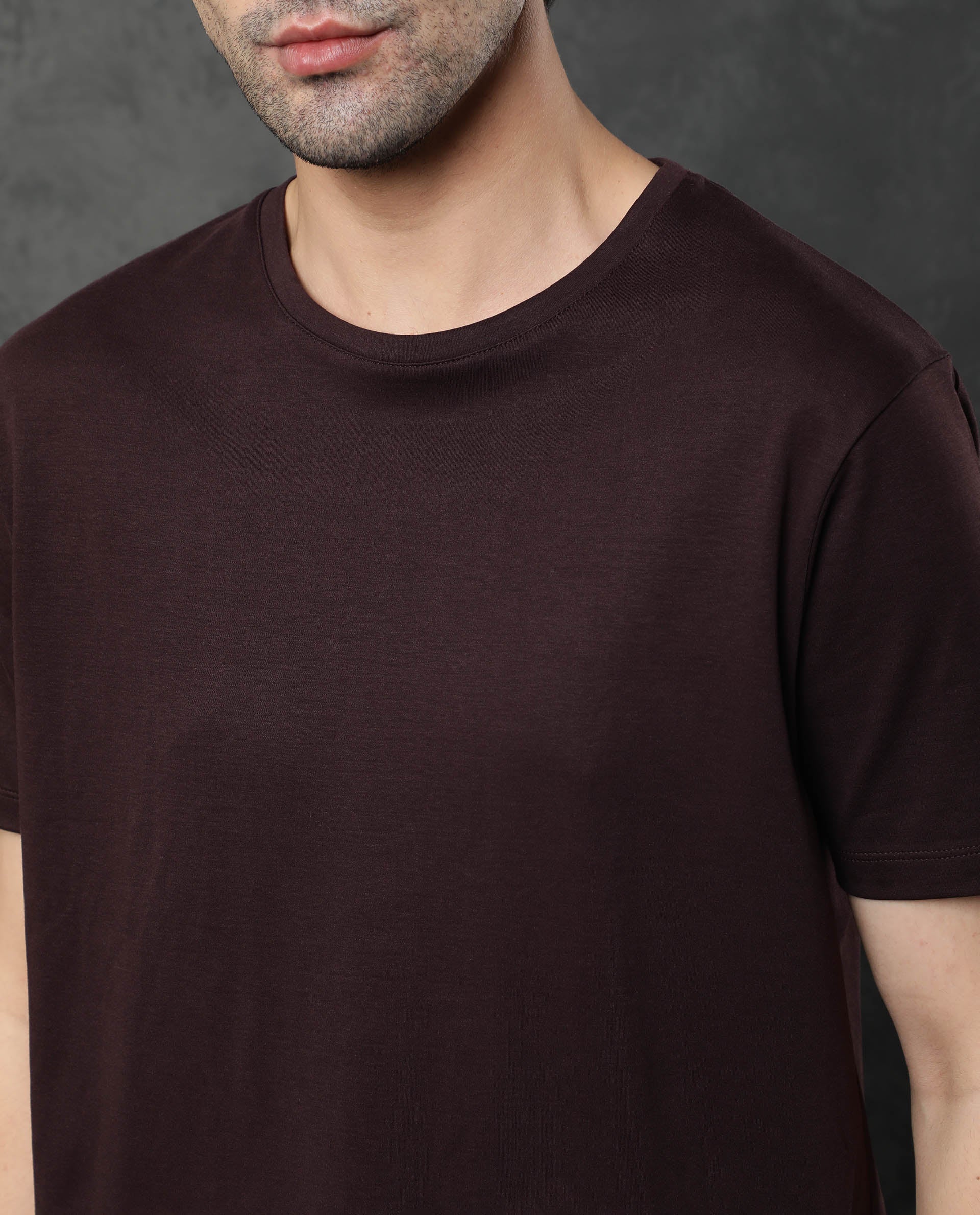 Rare Rabbit Men's Gis Maroon Cotton Plain Slim Fit Half Sleeve Crew Neck T-Shirt - Image 5
