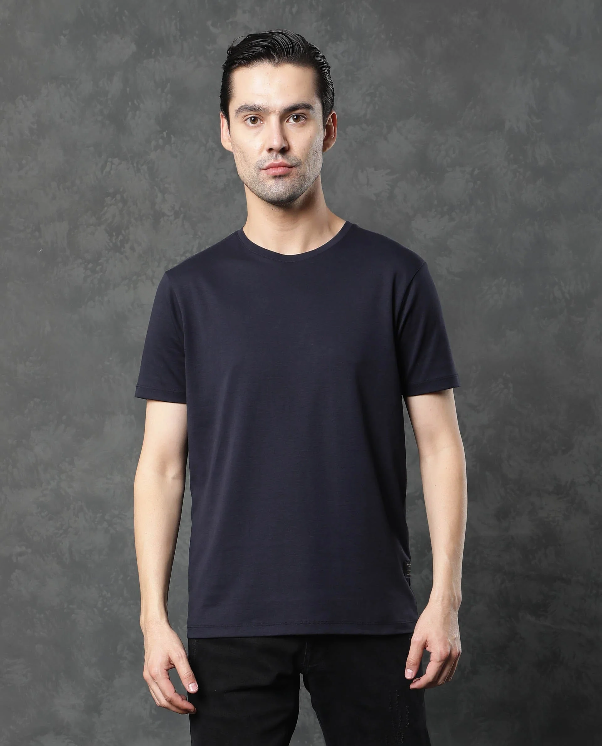 Rare Rabbit Men's Gis Navy Cotton Plain Slim Fit Half Sleeve Crew Neck T-Shirt - Image 2