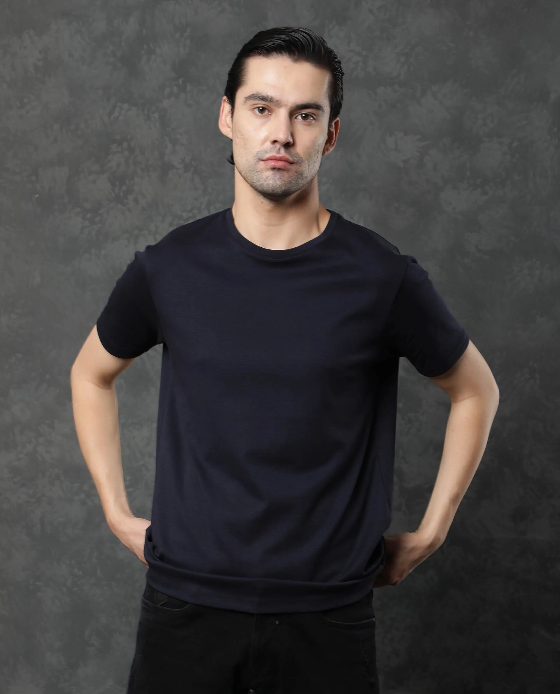 Rare Rabbit Men's Gis Navy Cotton Plain Slim Fit Half Sleeve Crew Neck T-Shirt - Image 3