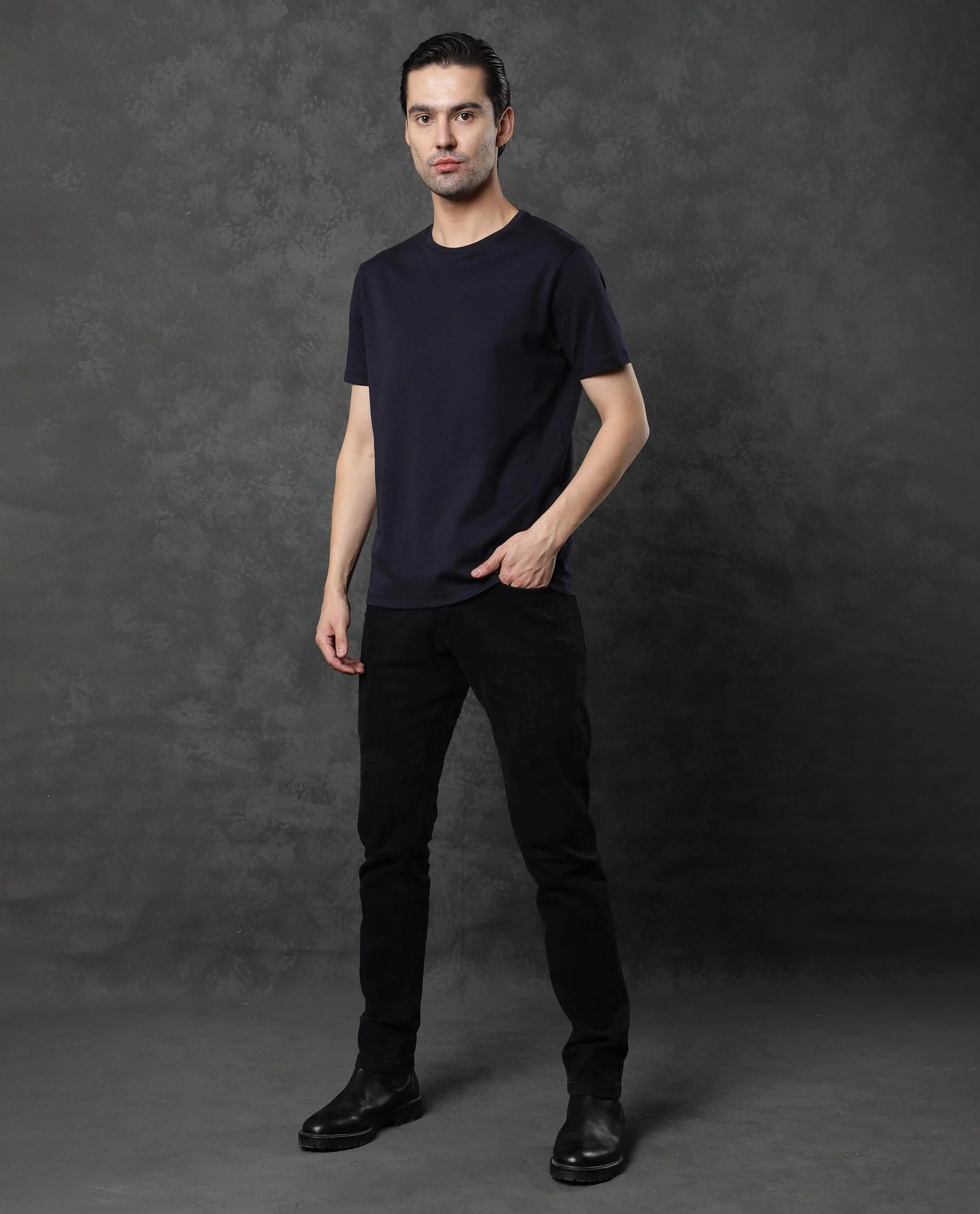Rare Rabbit Men's Gis Navy Cotton Plain Slim Fit Half Sleeve Crew Neck T-Shirt - Image 4