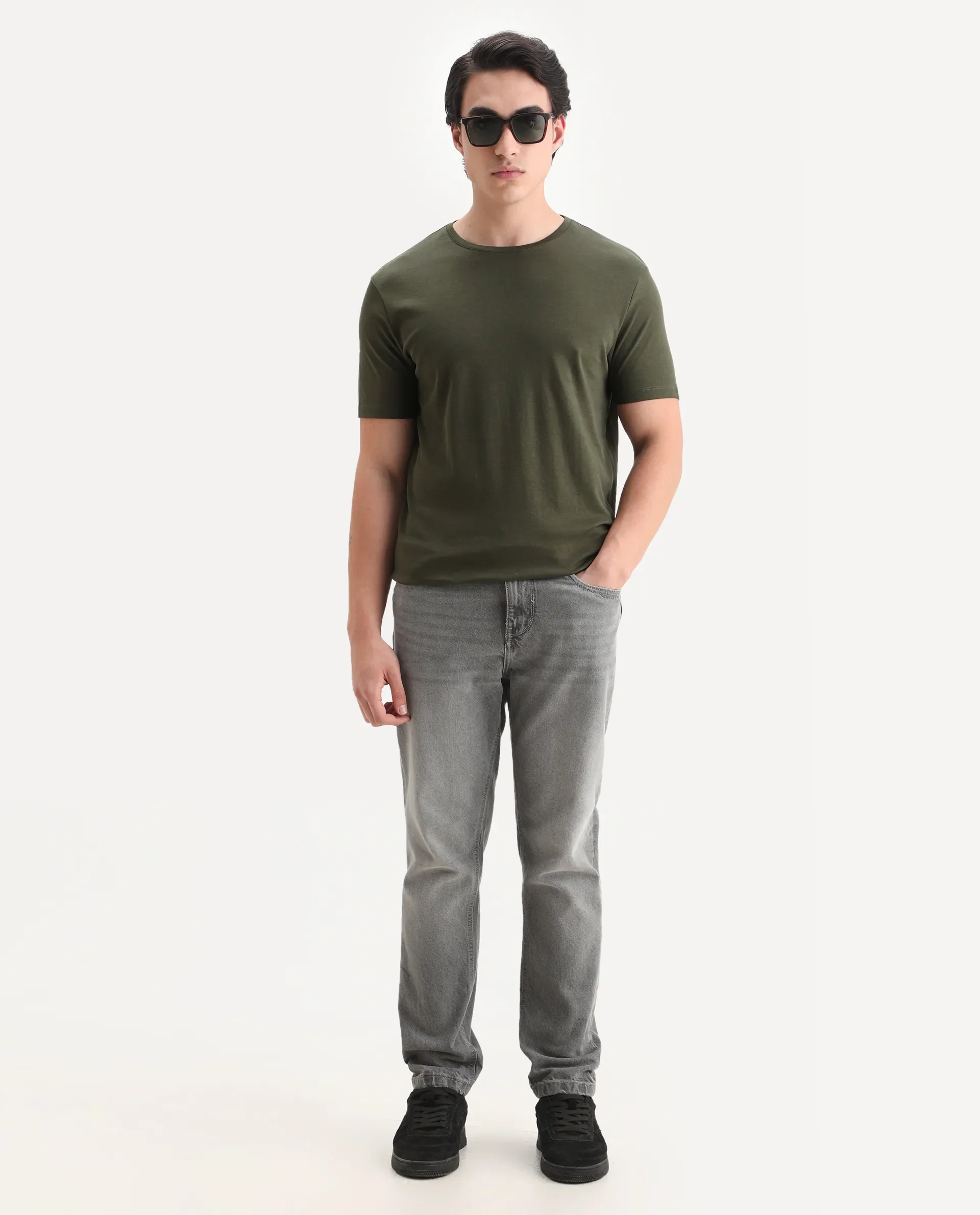 Rare Rabbit Men's Gis Olive Cotton Plain Slim Fit Half Sleeve Crew Neck T-Shirt - Image 2